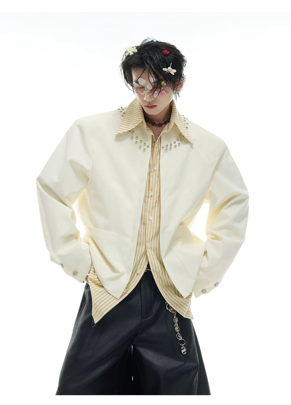 Faux Two-Piece Striped Shirt with Studded Collar Details - description image 5