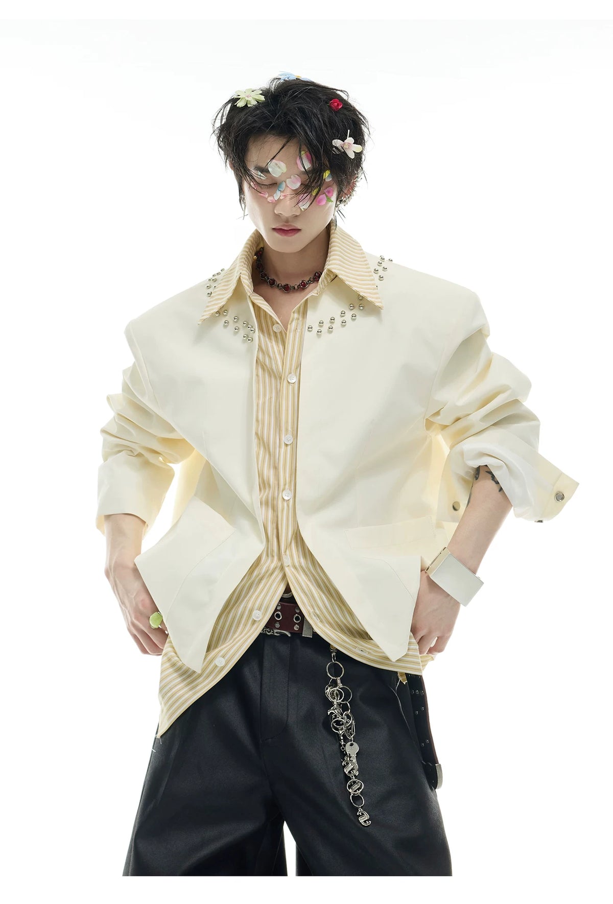 Faux Two-Piece Striped Shirt with Studded Collar Details - description image 6