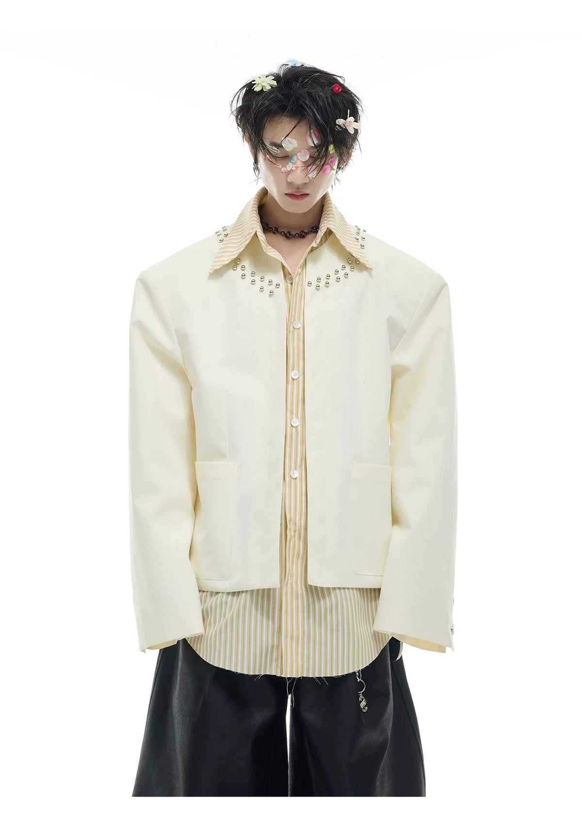 Faux Two-Piece Striped Shirt with Studded Collar Details - description image 7