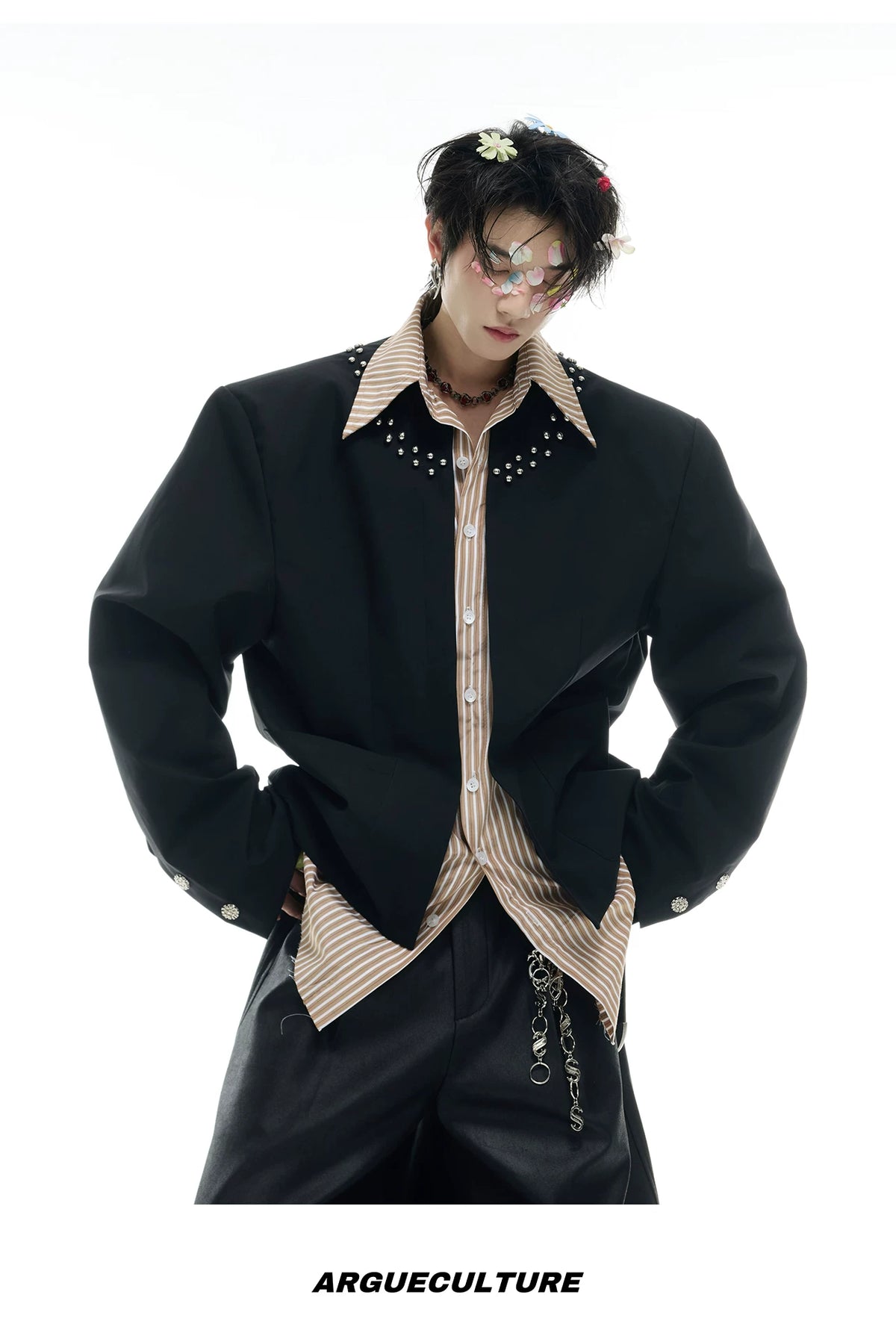 Faux Two-Piece Striped Shirt with Studded Collar Details - description image 9