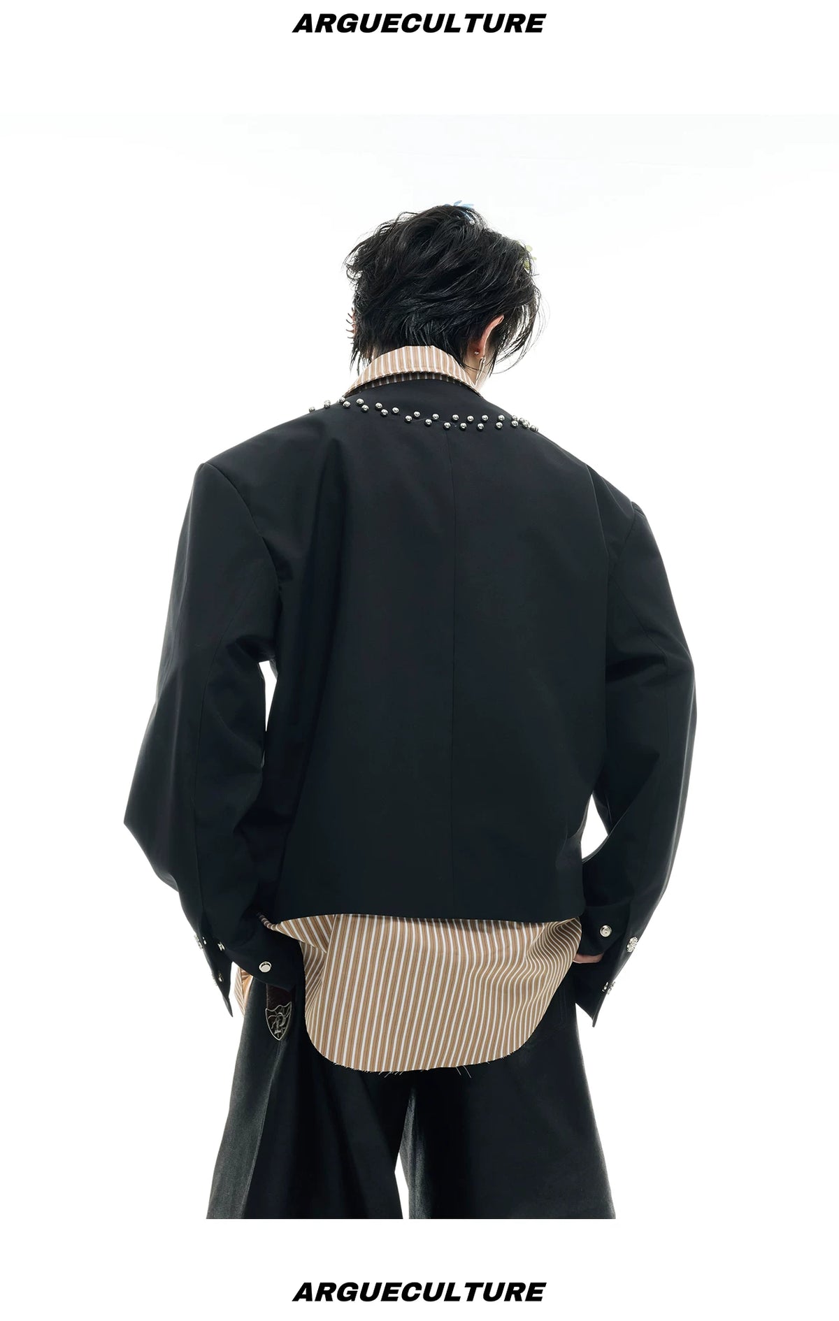 Faux Two-Piece Striped Shirt with Studded Collar Details - description image 11