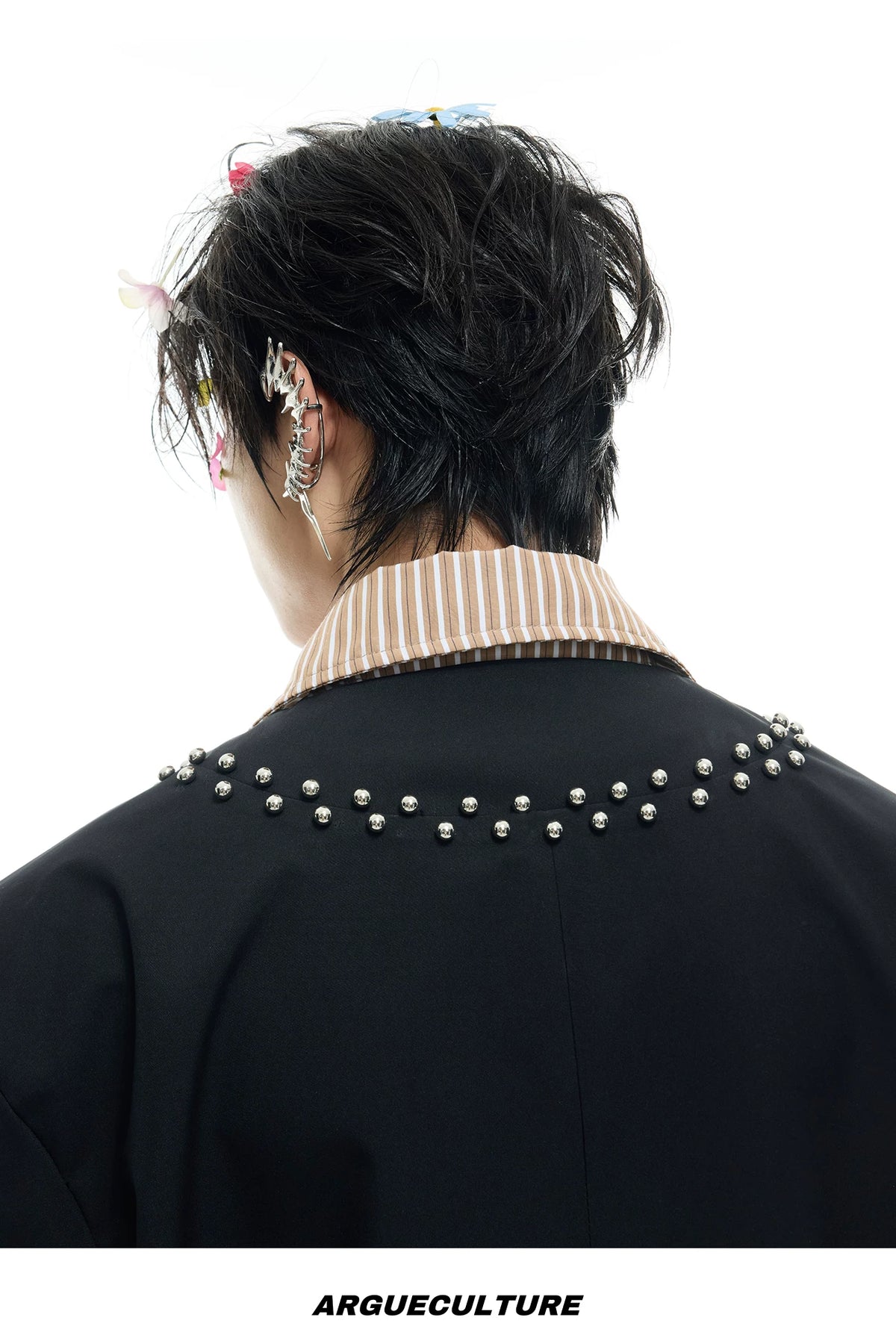 Faux Two-Piece Striped Shirt with Studded Collar Details - description image 12