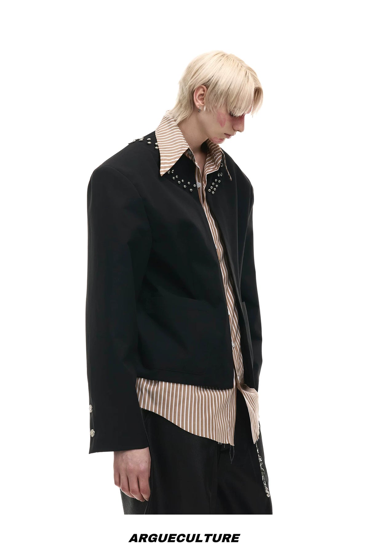 Faux Two-Piece Striped Shirt with Studded Collar Details - description image 13