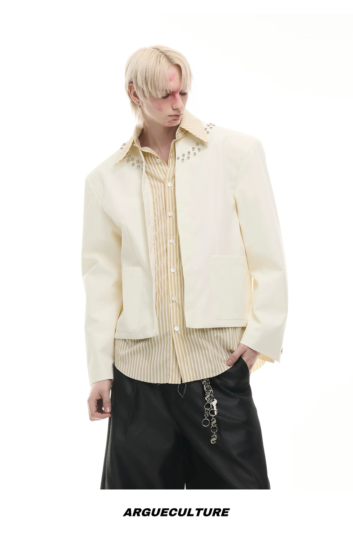 Faux Two-Piece Striped Shirt with Studded Collar Details - description image 14