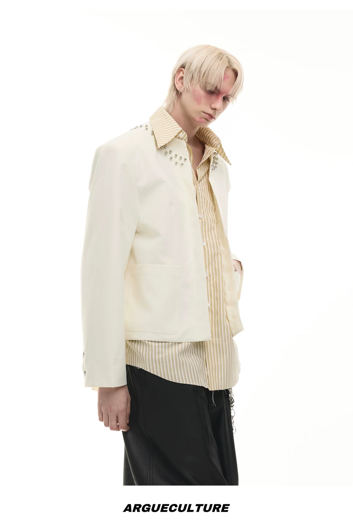 Faux Two-Piece Striped Shirt with Studded Collar Details - description image 15