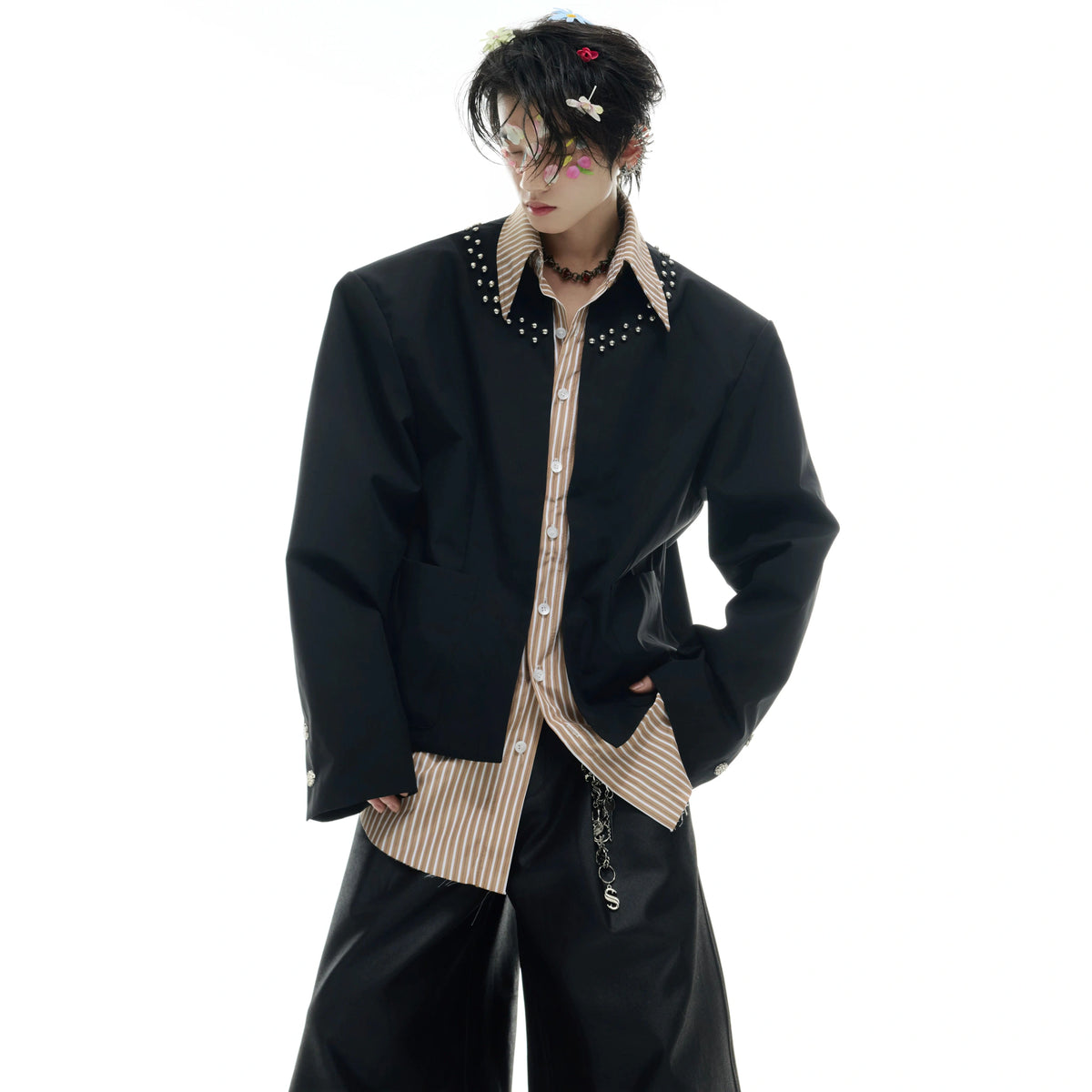 Faux Two-Piece Striped Shirt with Studded Collar Details - main image 1