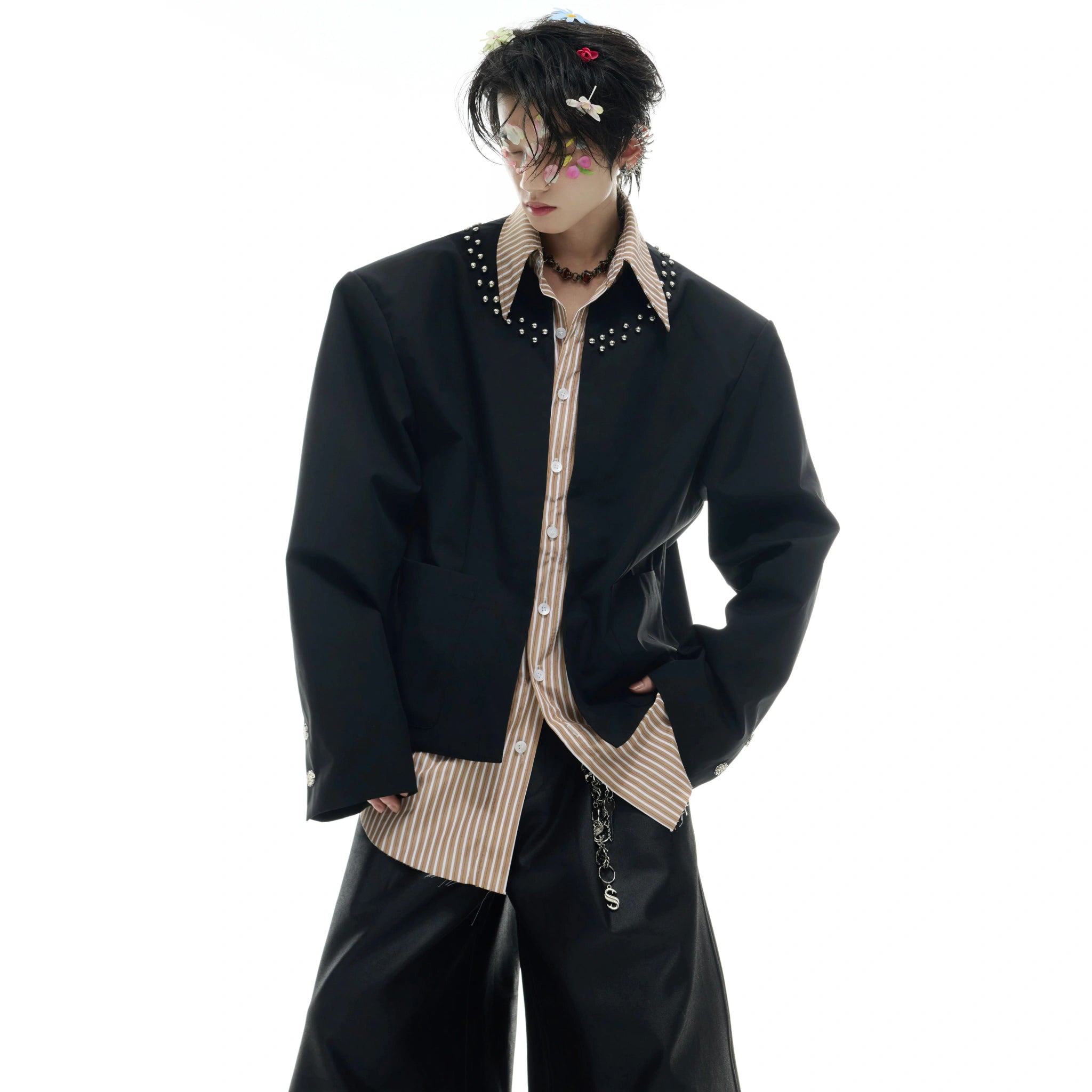Faux Two-Piece Striped Shirt with Studded Collar Details - main image 1