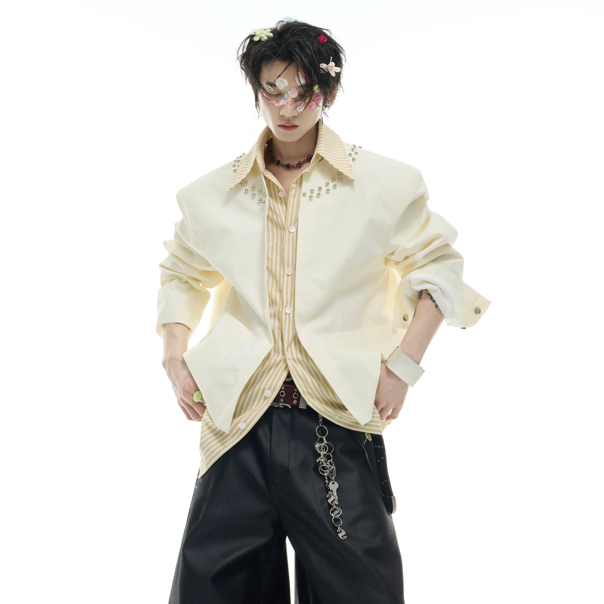 Faux Two-Piece Striped Shirt with Studded Collar Details - main image 2