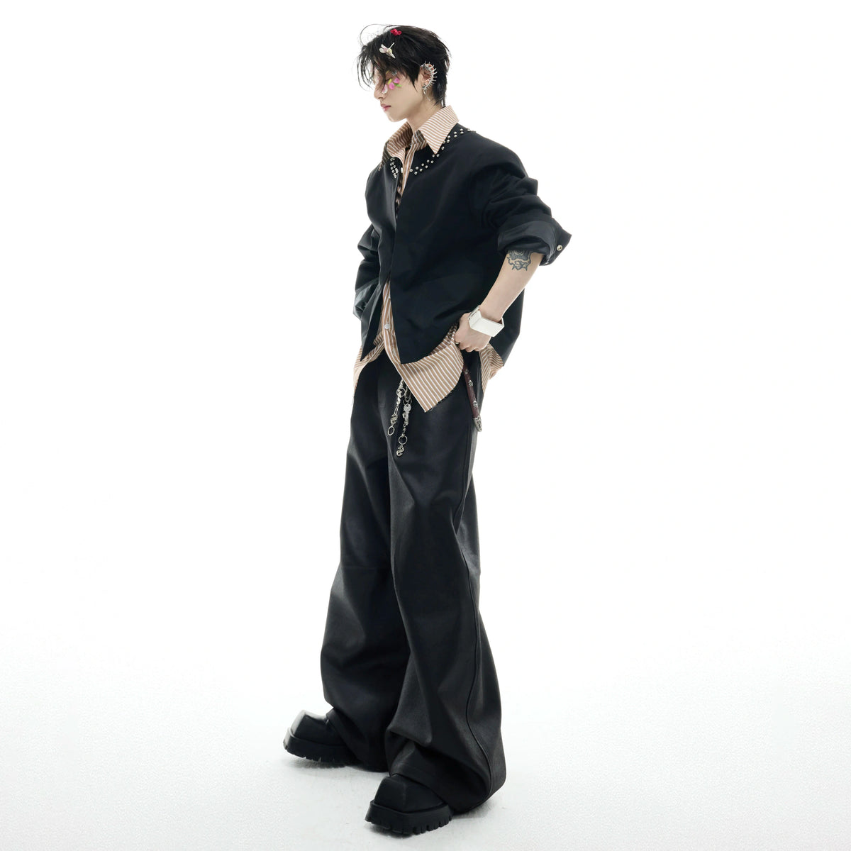 Faux Two-Piece Striped Shirt with Studded Collar Details - main image 5