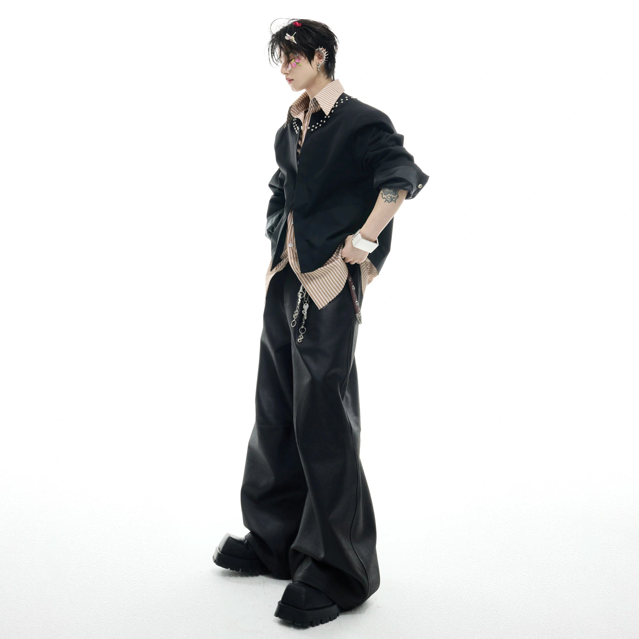 Faux Two-Piece Striped Shirt with Studded Collar Details - main image 5