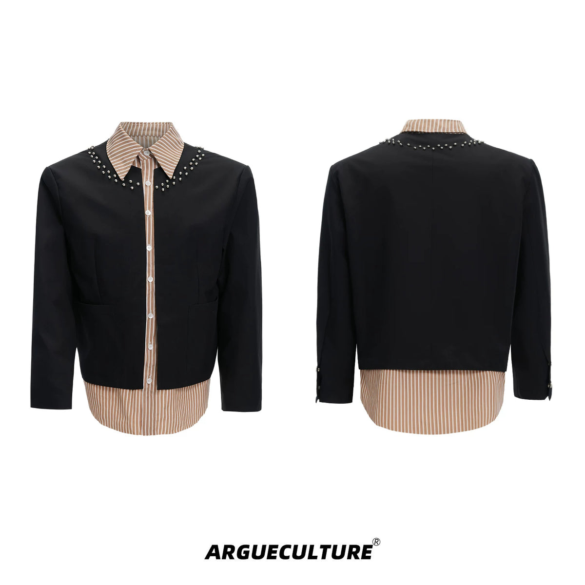 Faux Two-Piece Striped Shirt with Studded Collar Details - Black