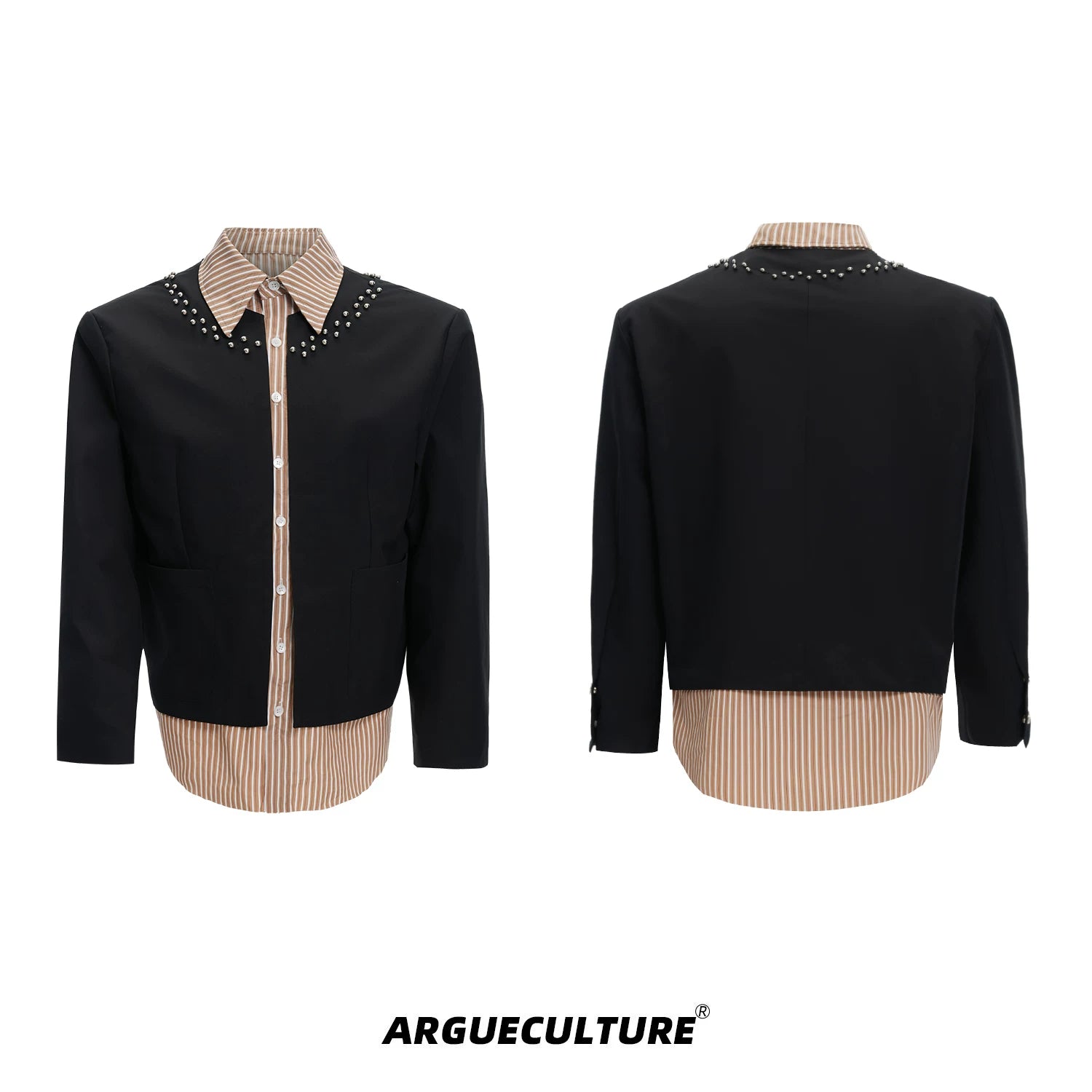 Faux Two-Piece Striped Shirt with Studded Collar Details - Black