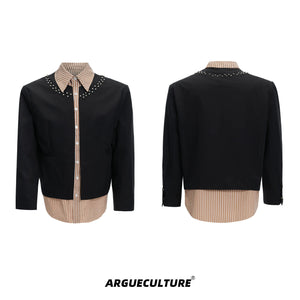 Faux Two-Piece Striped Shirt with Studded Collar Details - Black