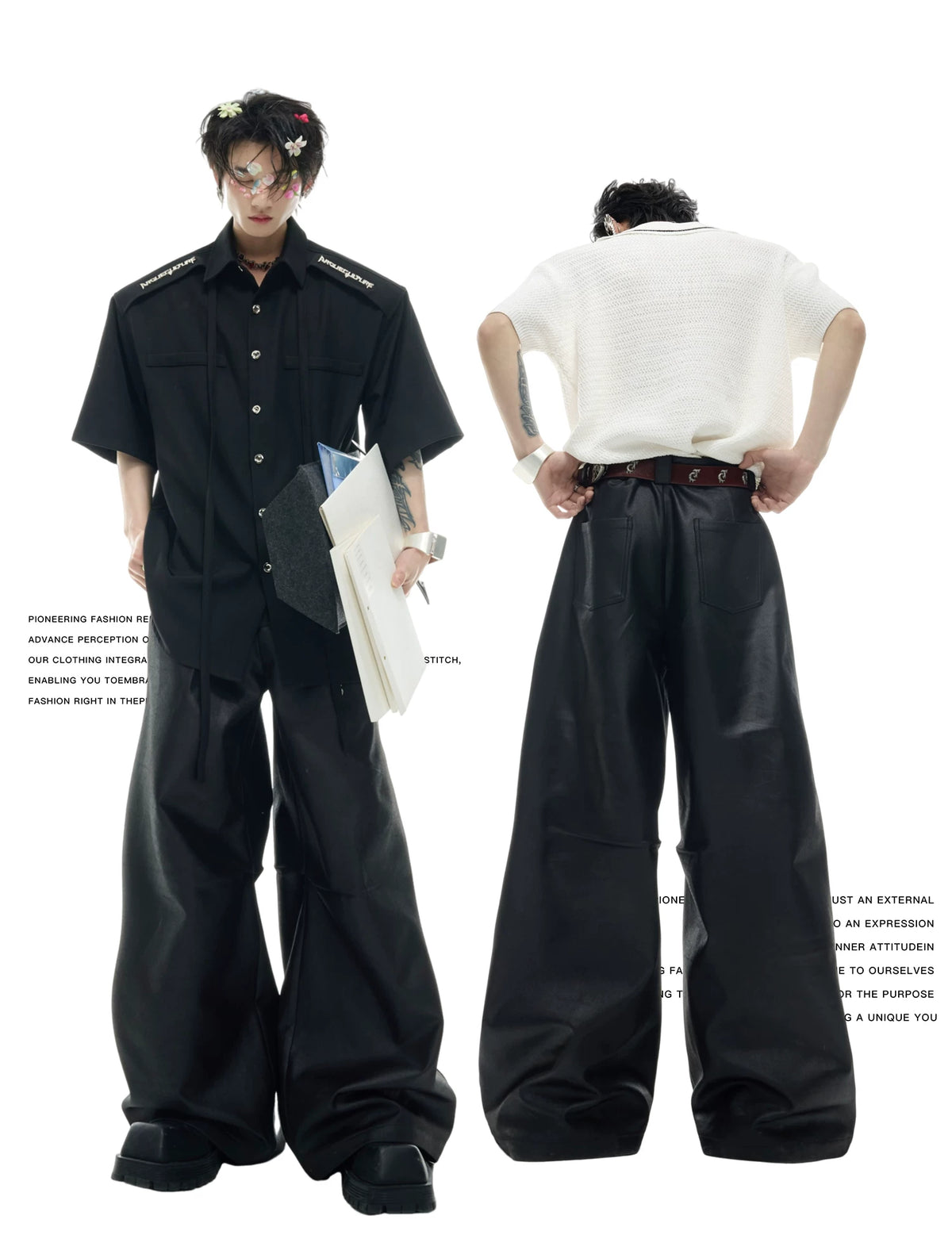 Black Metal-Accent Wide-Leg Trousers for Streetwear - description image 3