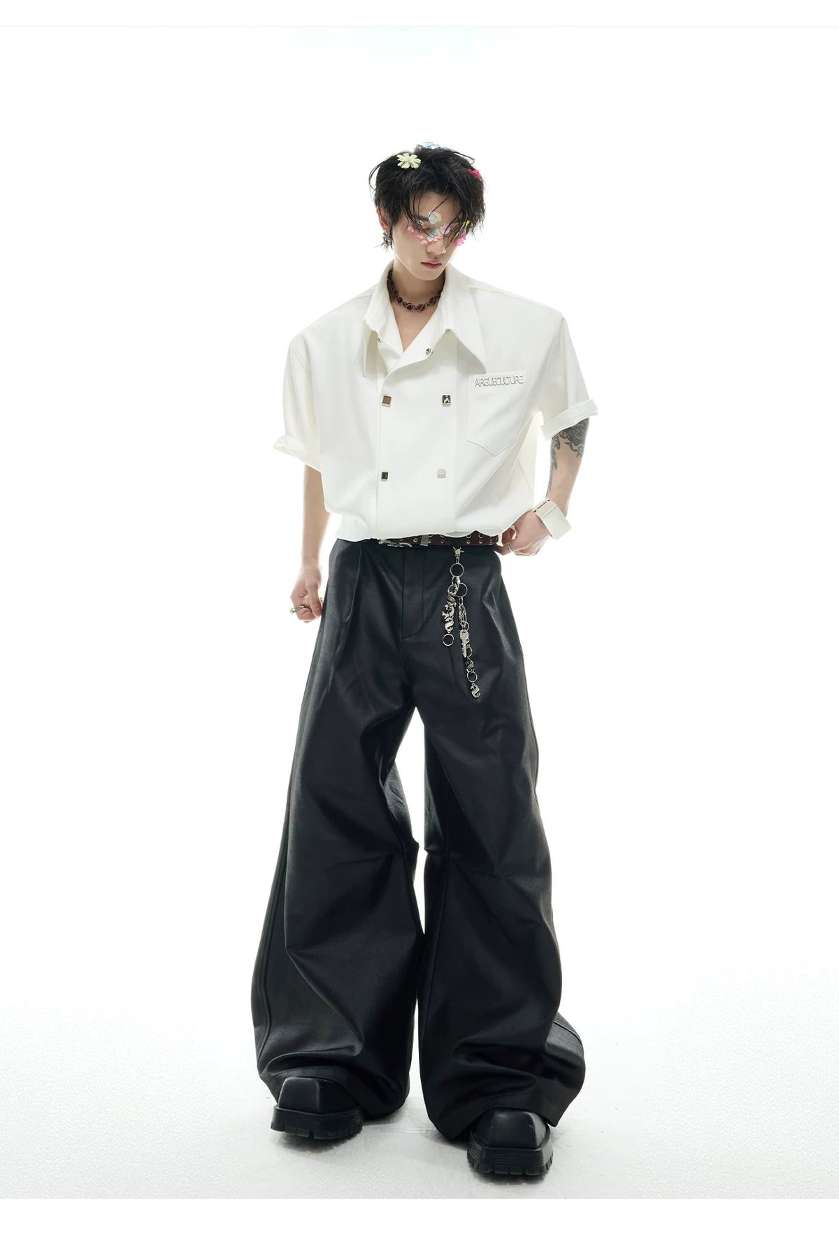 Black Metal-Accent Wide-Leg Trousers for Streetwear - description image 7