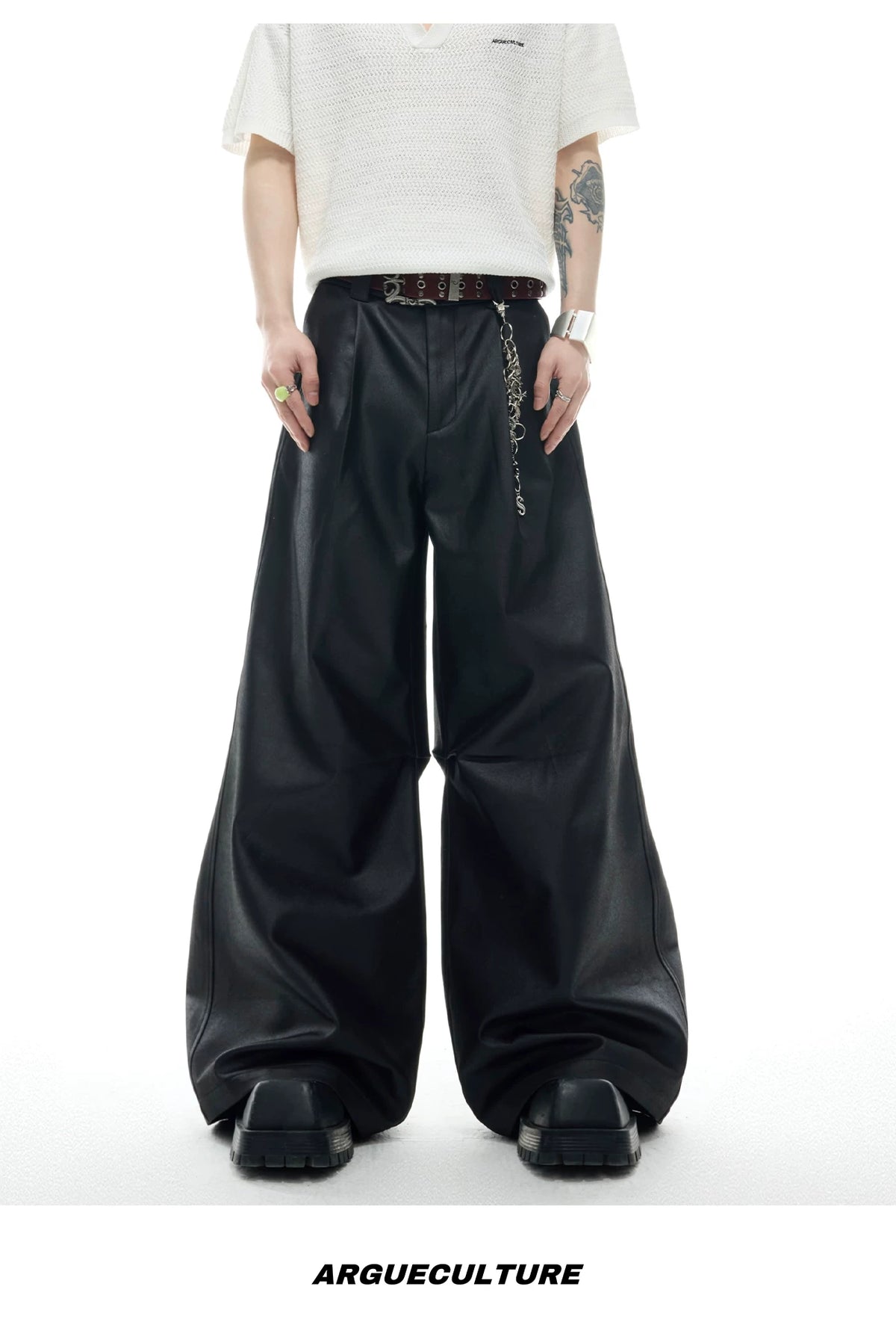 Black Metal-Accent Wide-Leg Trousers for Streetwear - description image 9