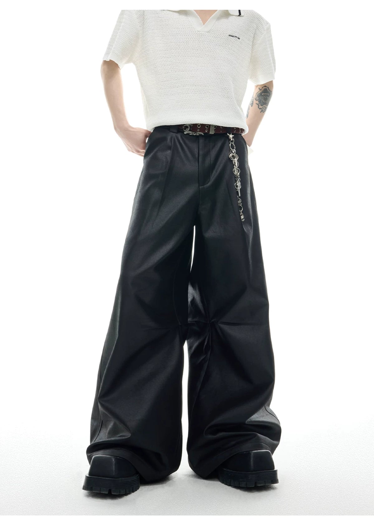 Black Metal-Accent Wide-Leg Trousers for Streetwear - description image 10