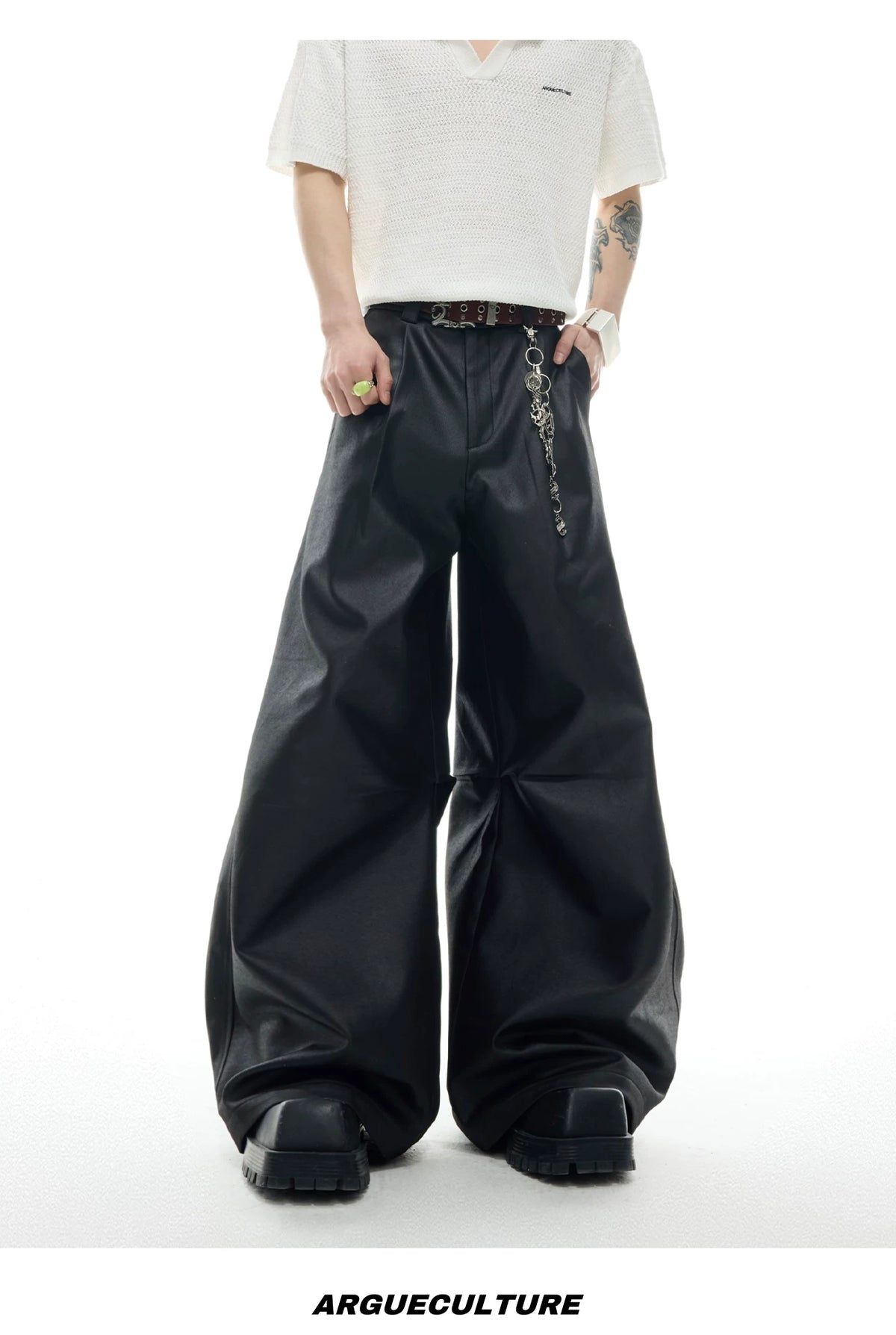 Black Metal-Accent Wide-Leg Trousers for Streetwear - description image 12