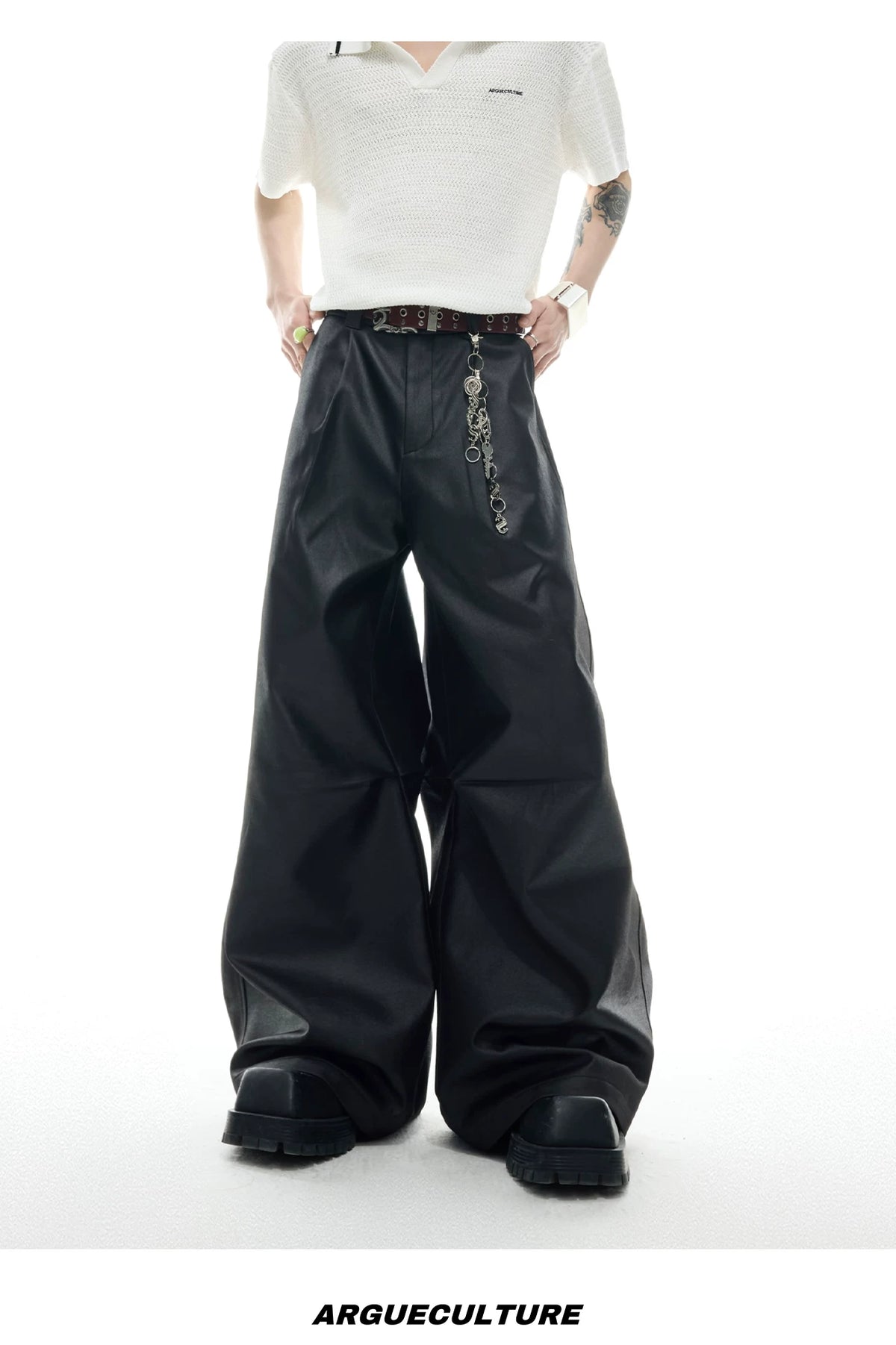 Black Metal-Accent Wide-Leg Trousers for Streetwear - description image 13