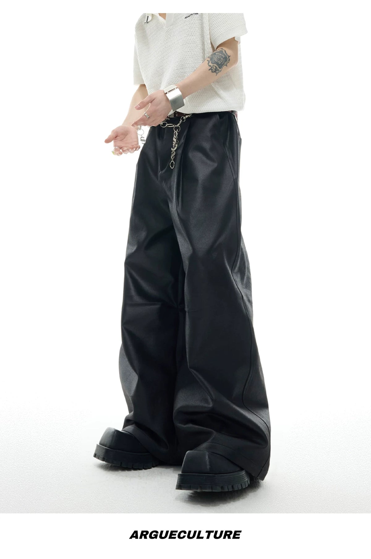 Black Metal-Accent Wide-Leg Trousers for Streetwear - description image 14
