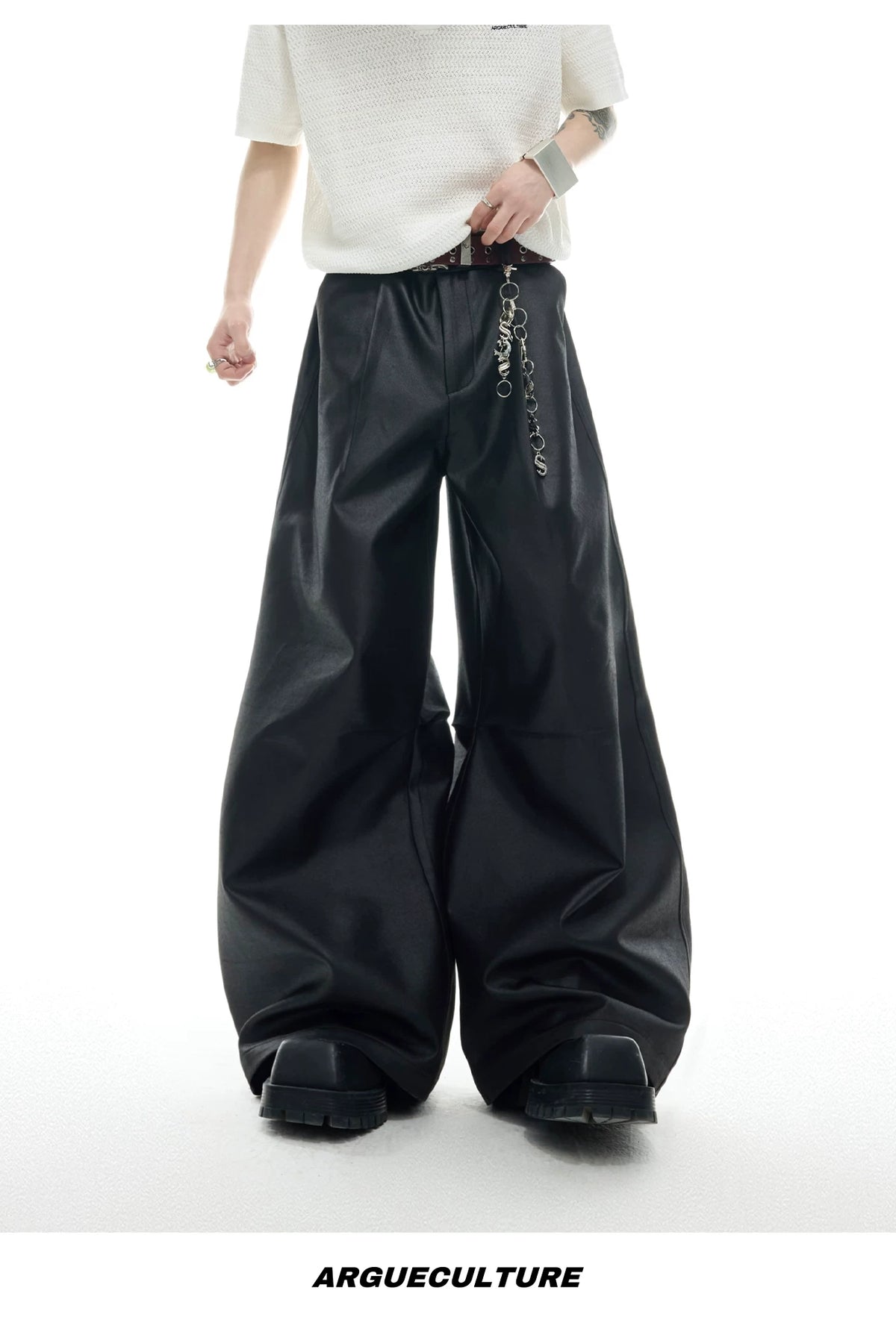 Black Metal-Accent Wide-Leg Trousers for Streetwear - description image 15