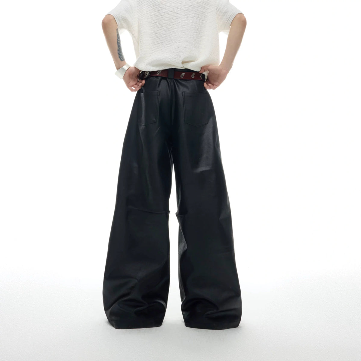 Black Metal-Accent Wide-Leg Trousers for Streetwear - main image 4