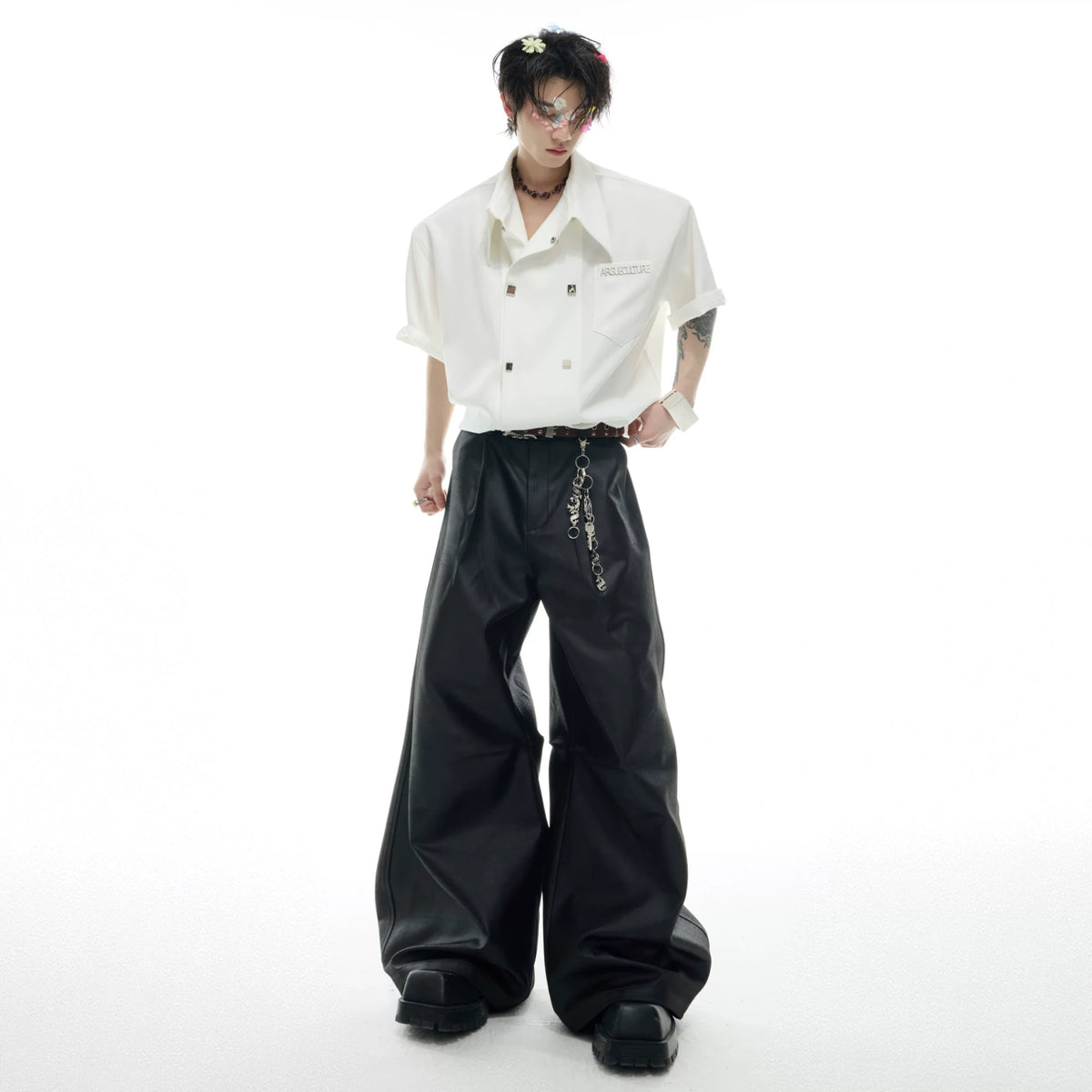Black Metal-Accent Wide-Leg Trousers for Streetwear - main image 5