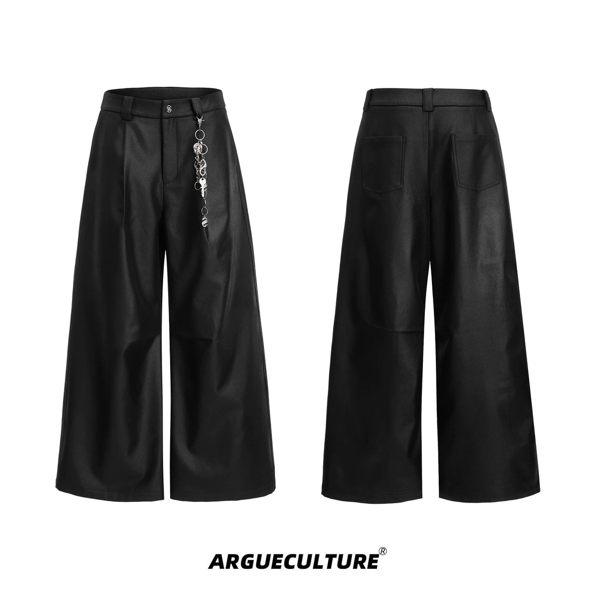 Black Metal-Accent Wide-Leg Trousers for Streetwear - Black Trousers