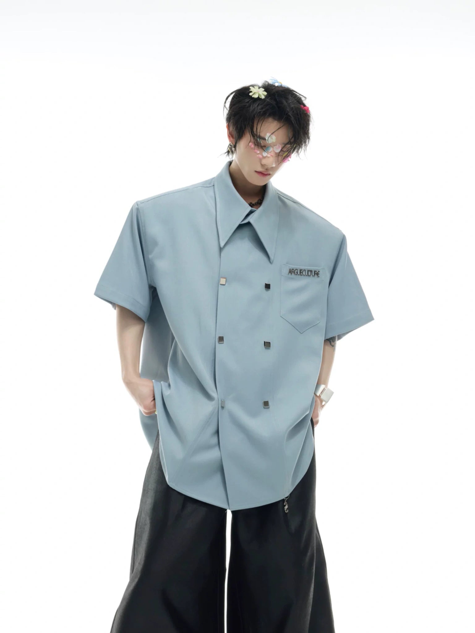 Relaxed Double-Breasted Short-Sleeve Shirt | Blue - main image 1
