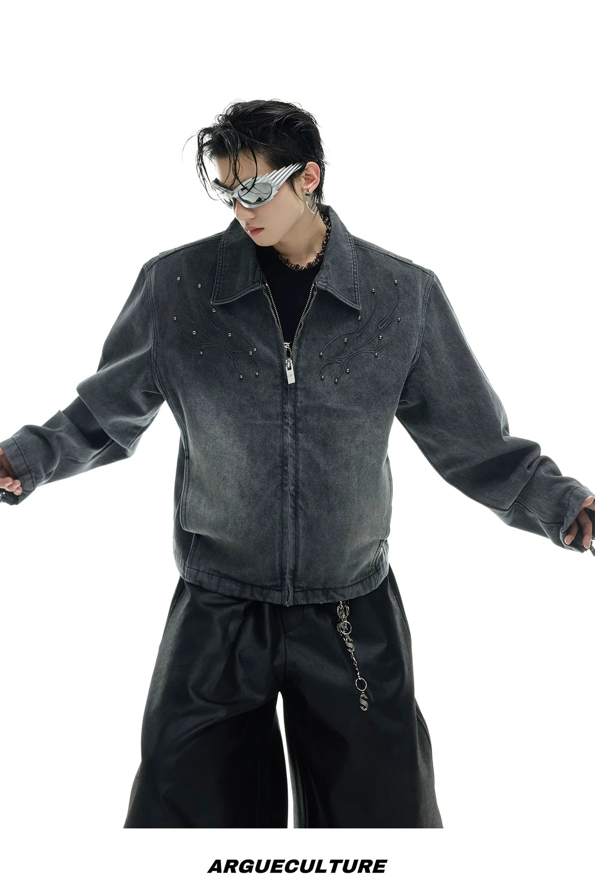 Cropped Washed Rivet Denim Jacket | Argue Culture - description image 12