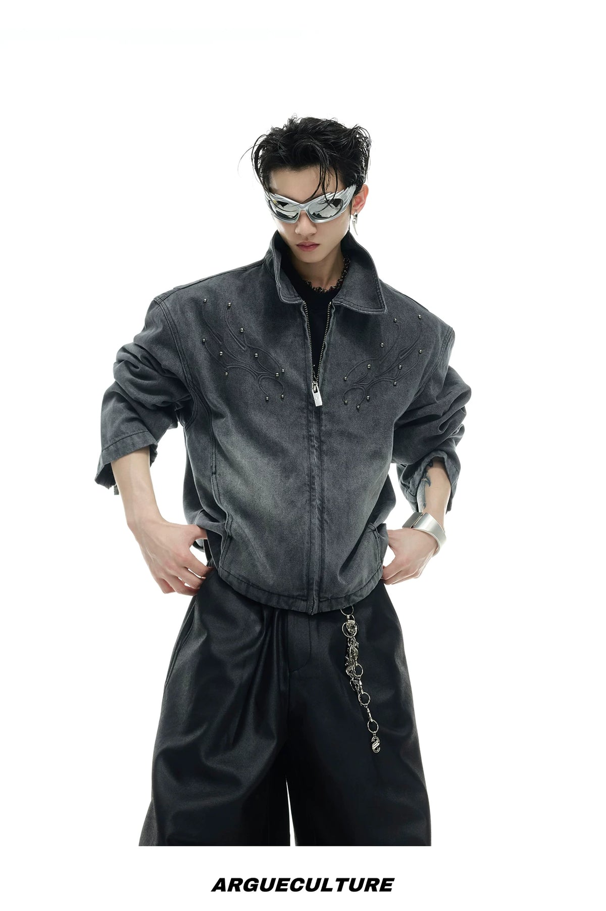 Cropped Washed Rivet Denim Jacket | Argue Culture - description image 13