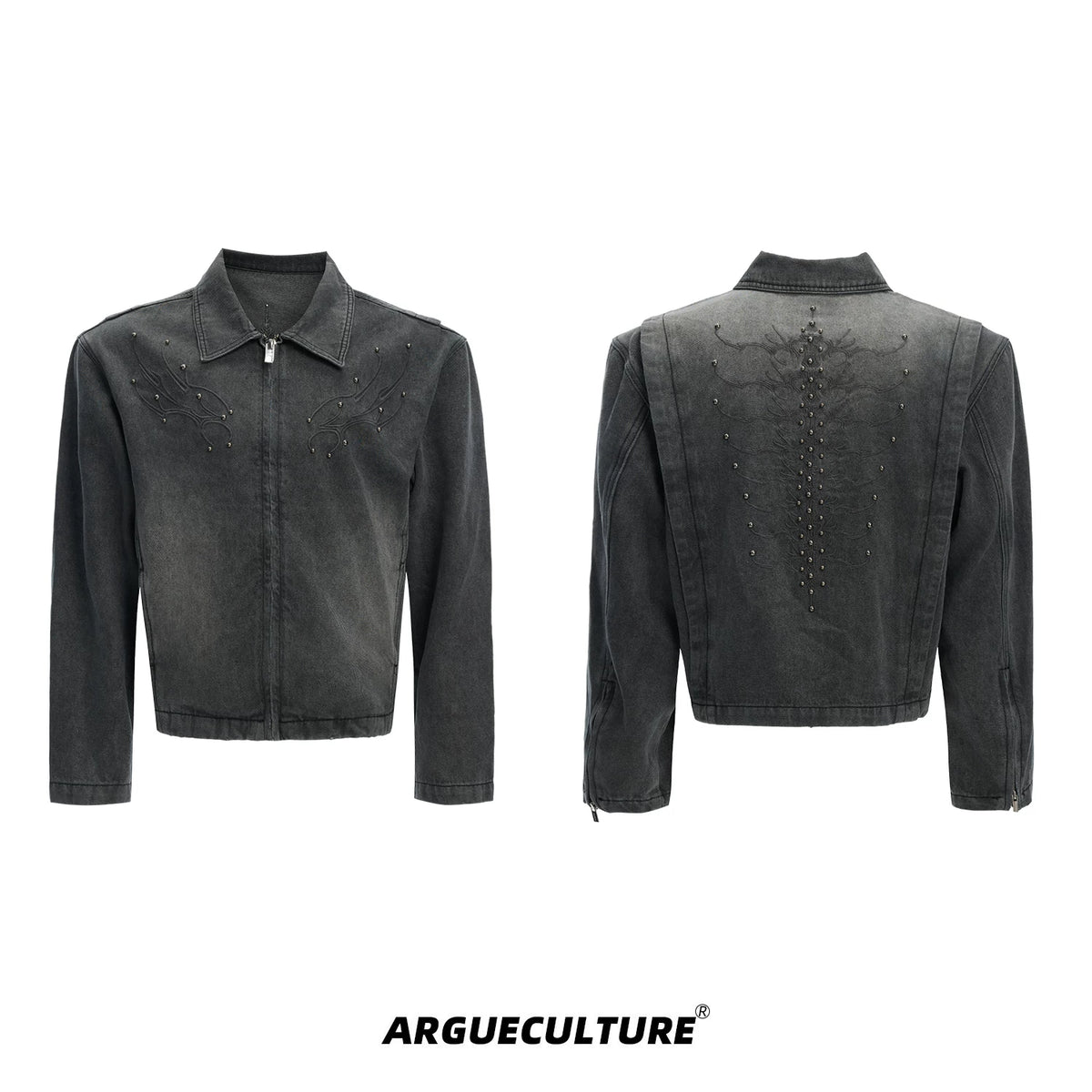 Cropped Washed Rivet Denim Jacket | Argue Culture - Gray