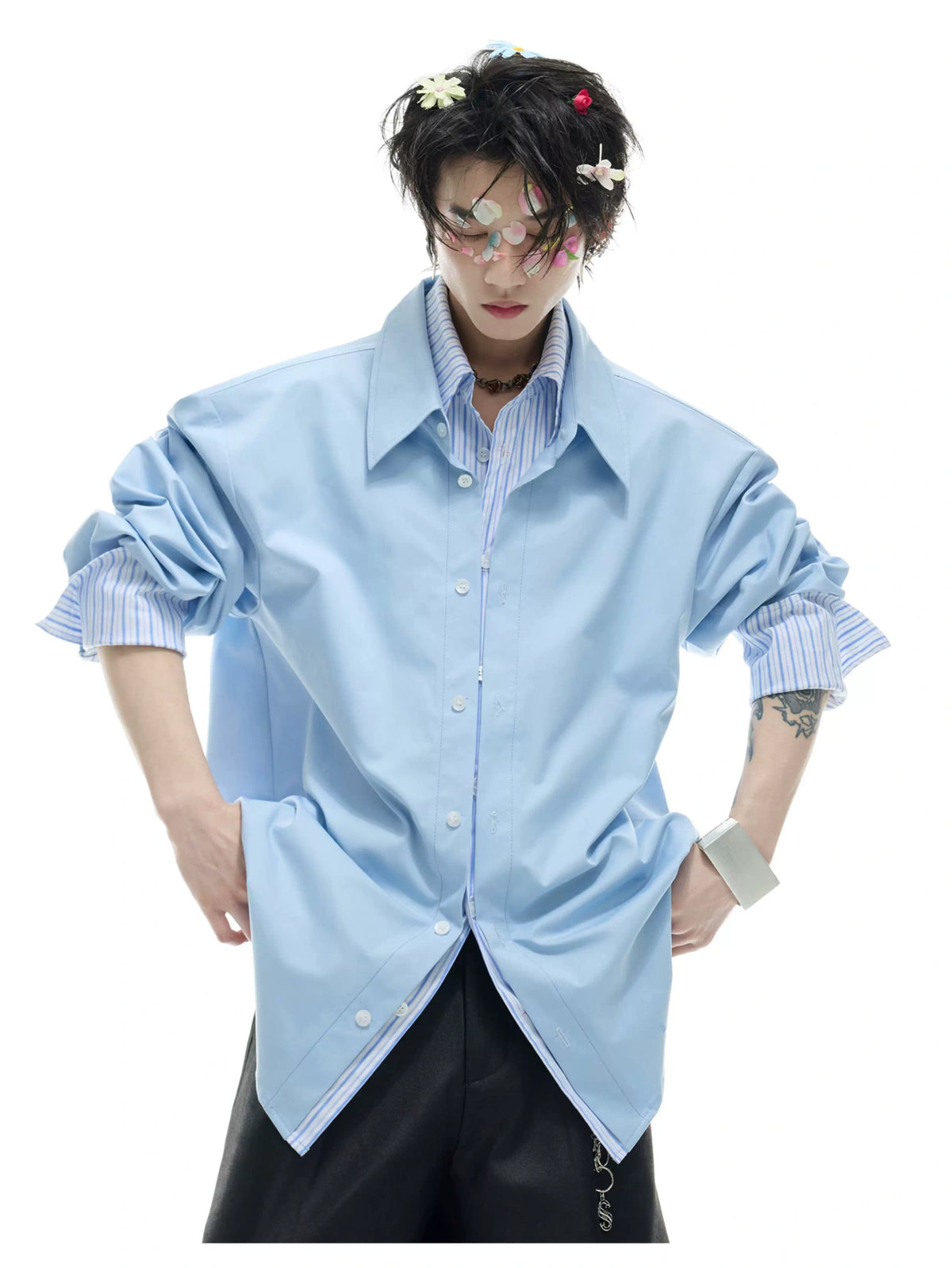 Striped Color-Block Shirt | Loose Unisex Button-Up - description image 3