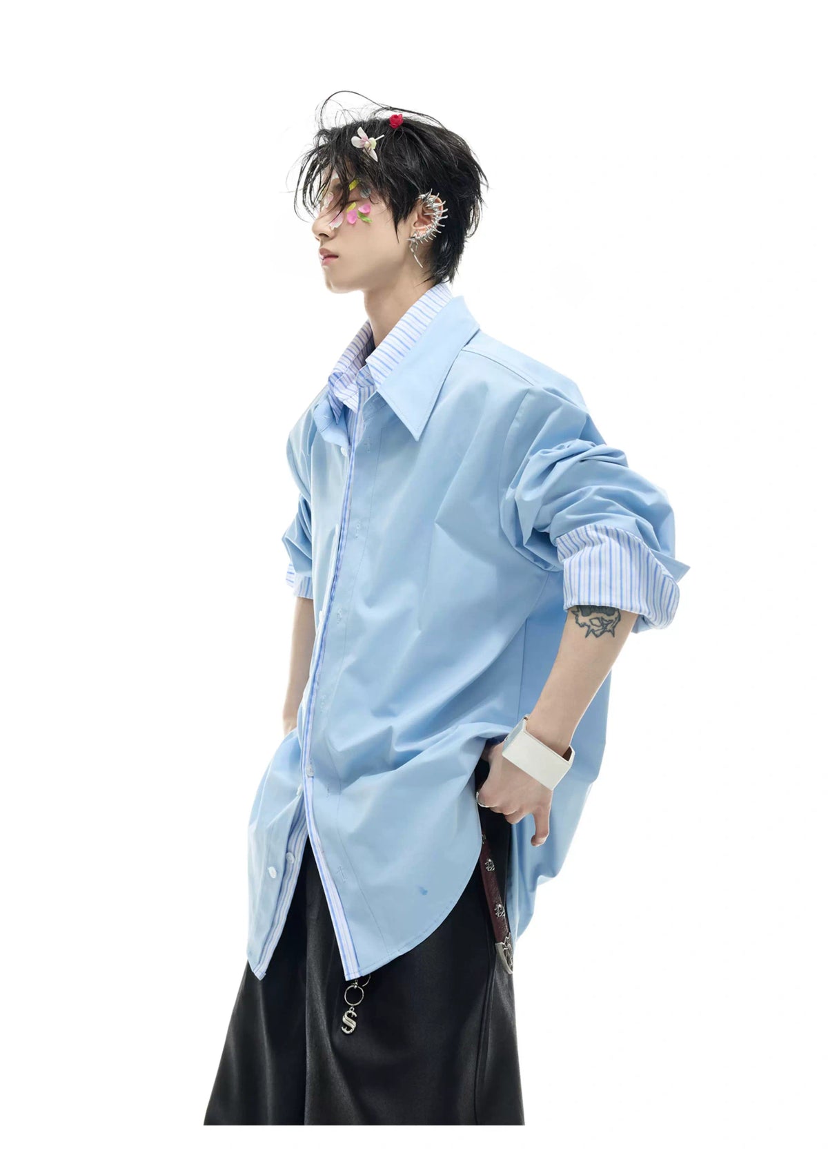 Striped Color-Block Shirt | Loose Unisex Button-Up - description image 5
