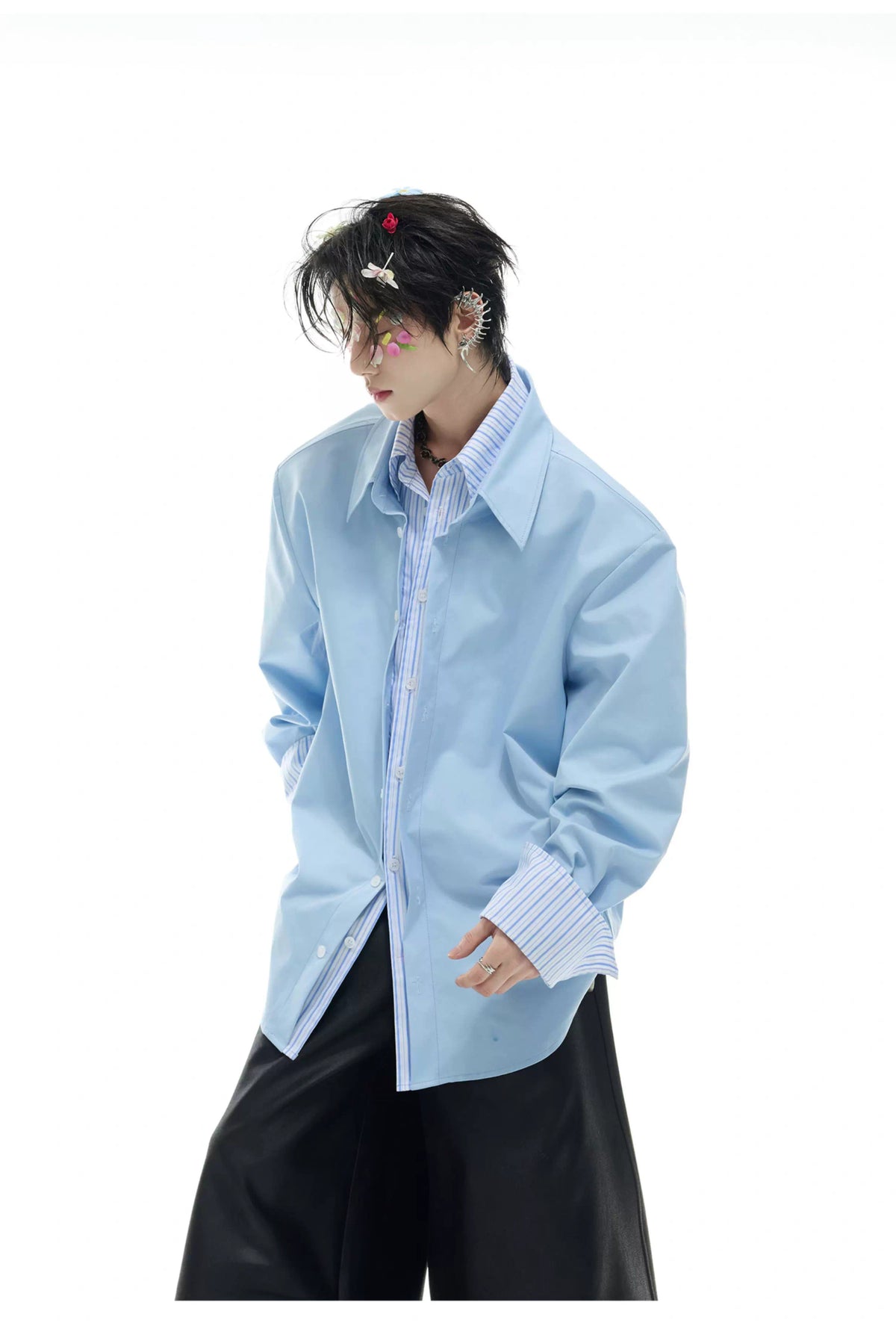 Striped Color-Block Shirt | Loose Unisex Button-Up - description image 6