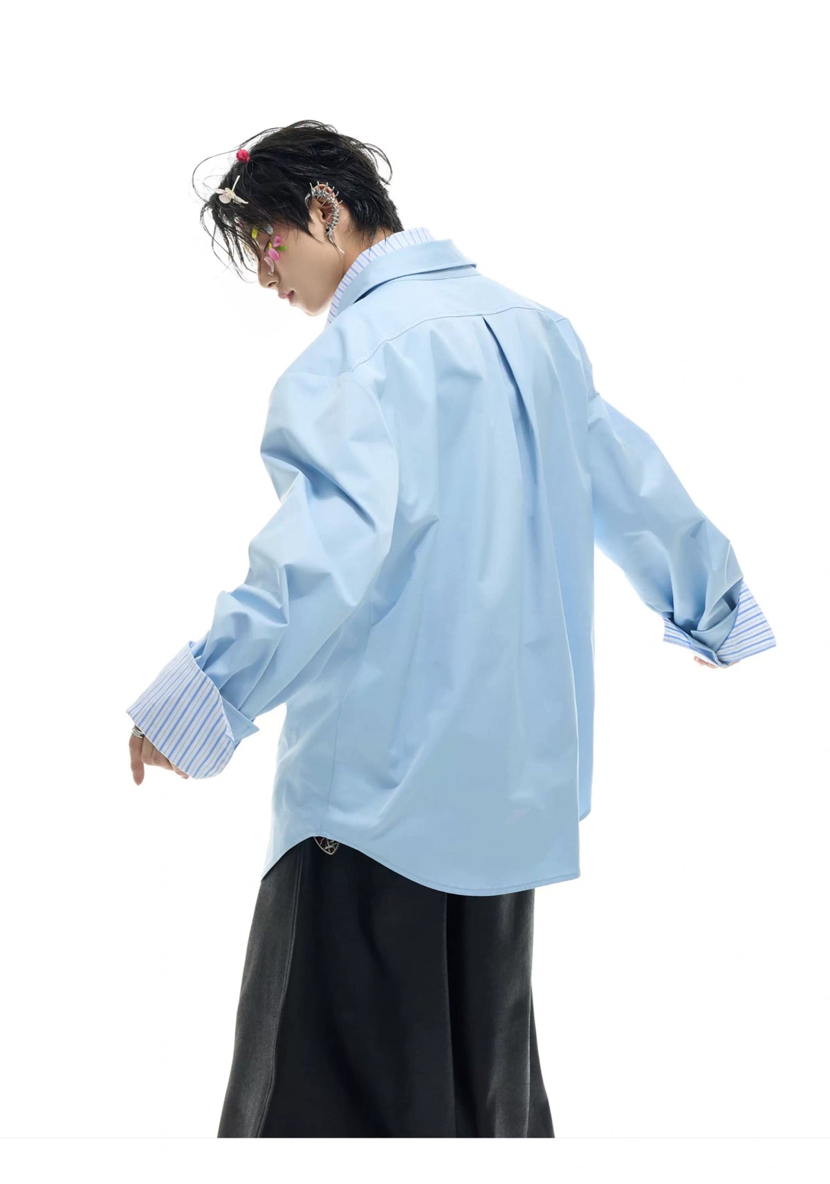 Striped Color-Block Shirt | Loose Unisex Button-Up - description image 7