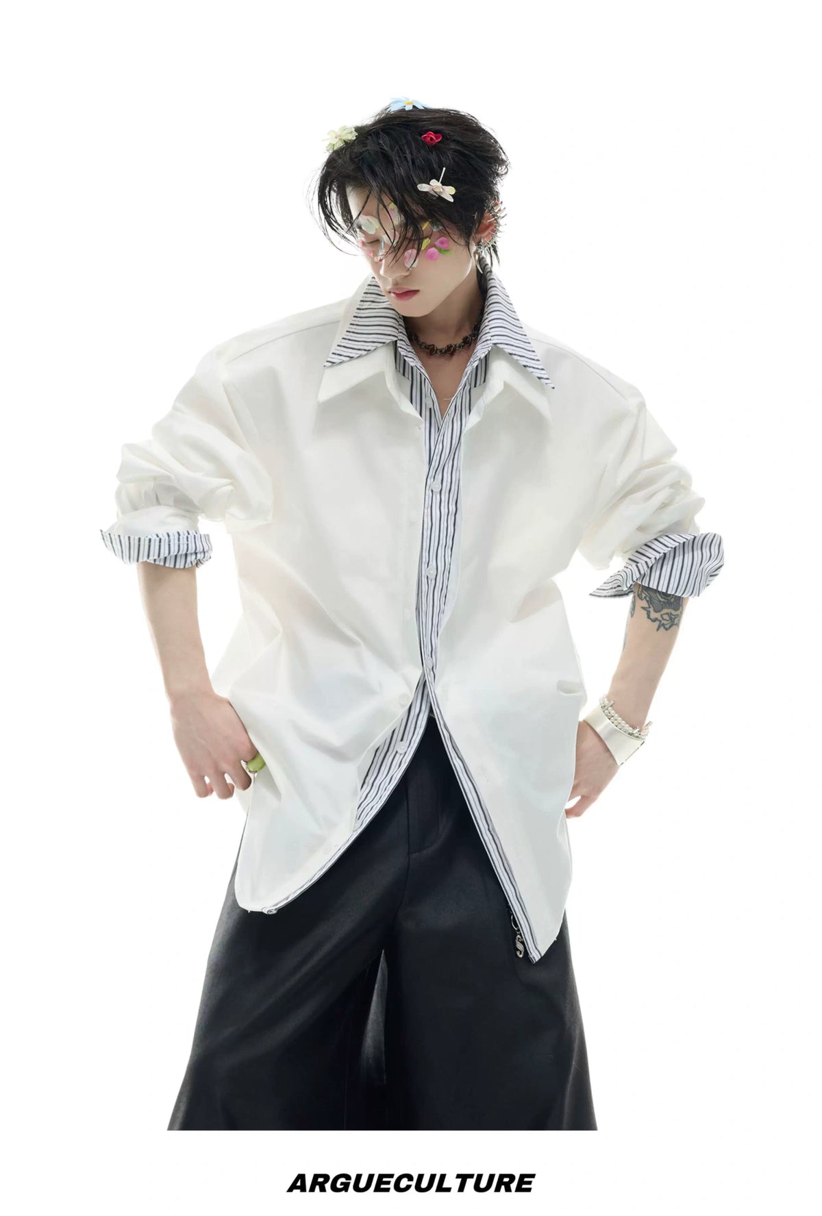 Striped Color-Block Shirt | Loose Unisex Button-Up - description image 10