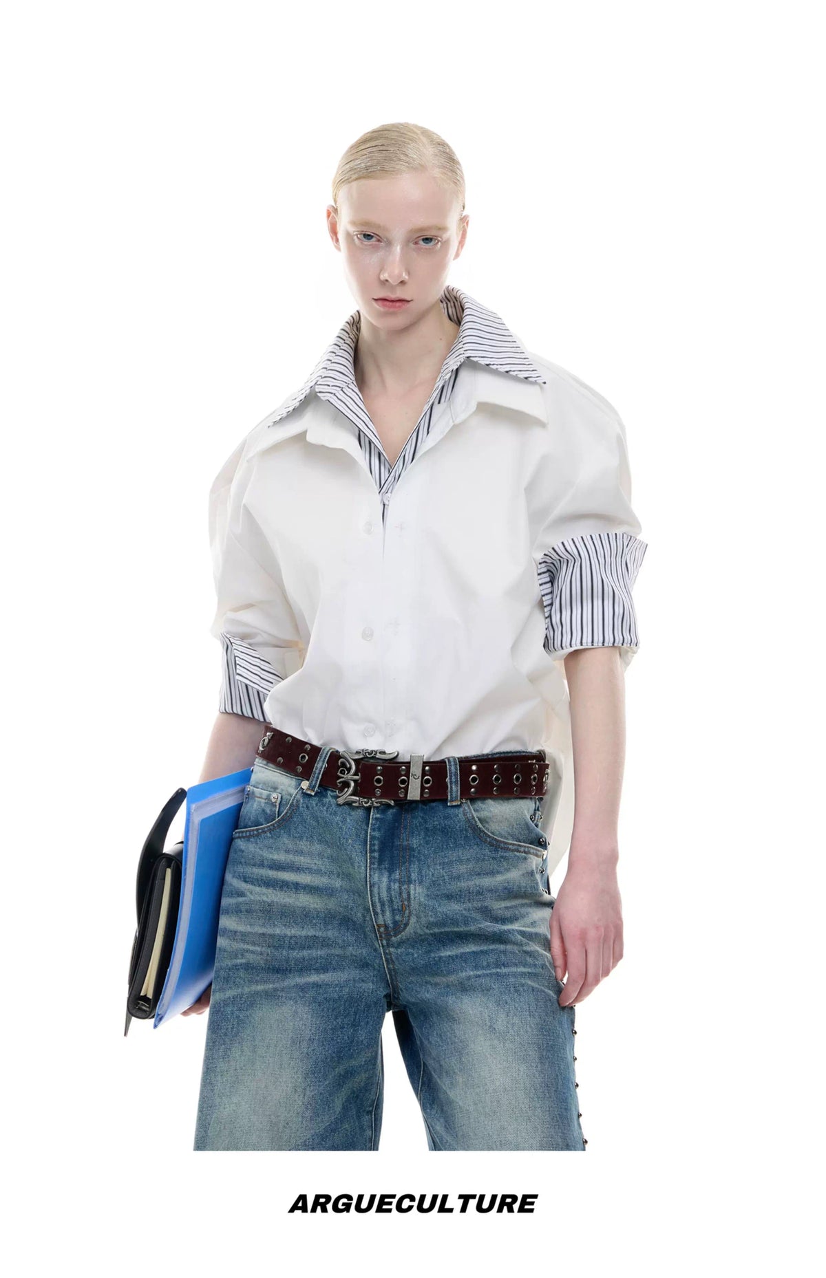 Striped Color-Block Shirt | Loose Unisex Button-Up - description image 11