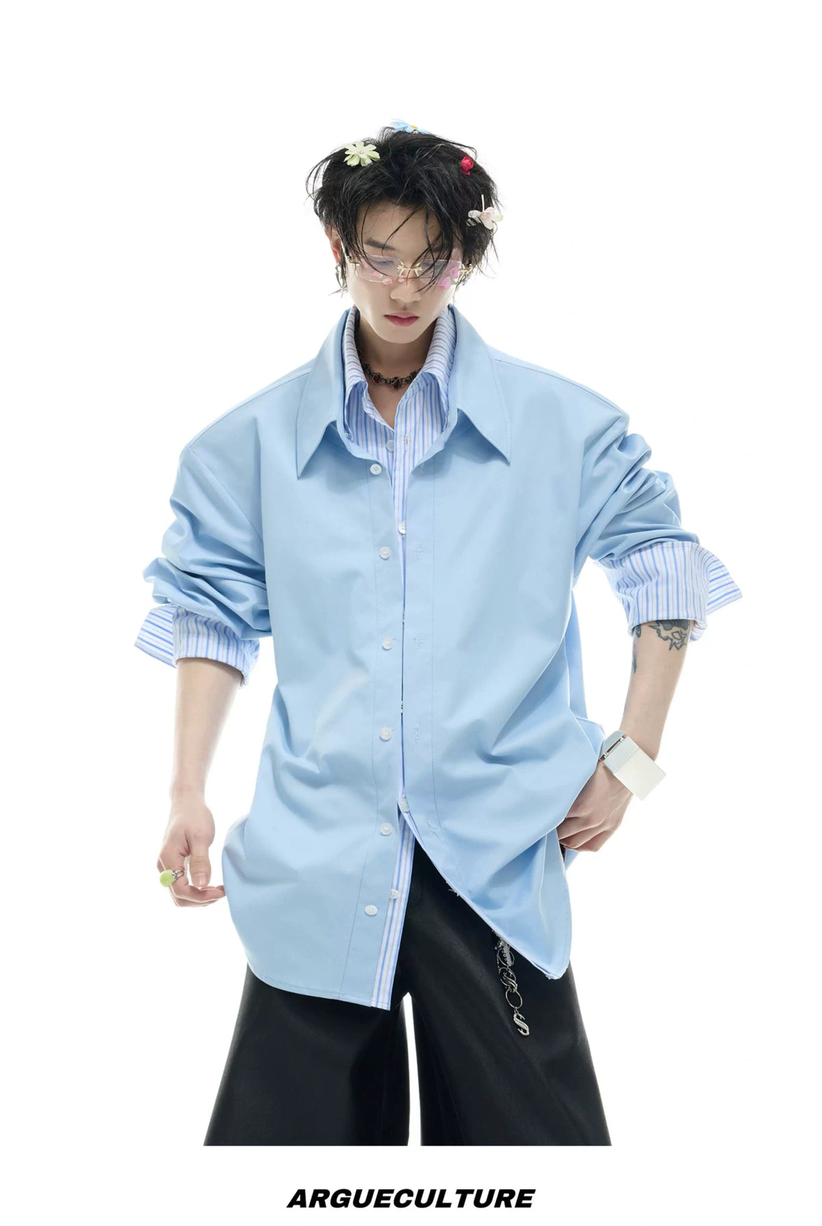 Striped Color-Block Shirt | Loose Unisex Button-Up - description image 12