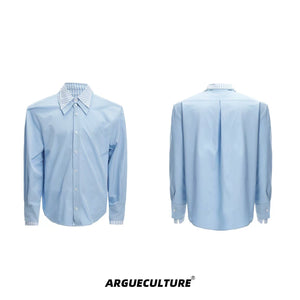Striped Color-Block Shirt | Loose Unisex Button-Up - Blue Long Sleeve