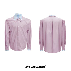 Striped Color-Block Shirt | Loose Unisex Button-Up - Pink Long Sleeve