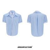 Striped Color-Block Shirt | Loose Unisex Button-Up - Blue Short Sleeve