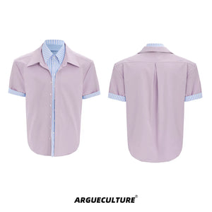 Striped Color-Block Shirt | Loose Unisex Button-Up - Pink Short Sleeve