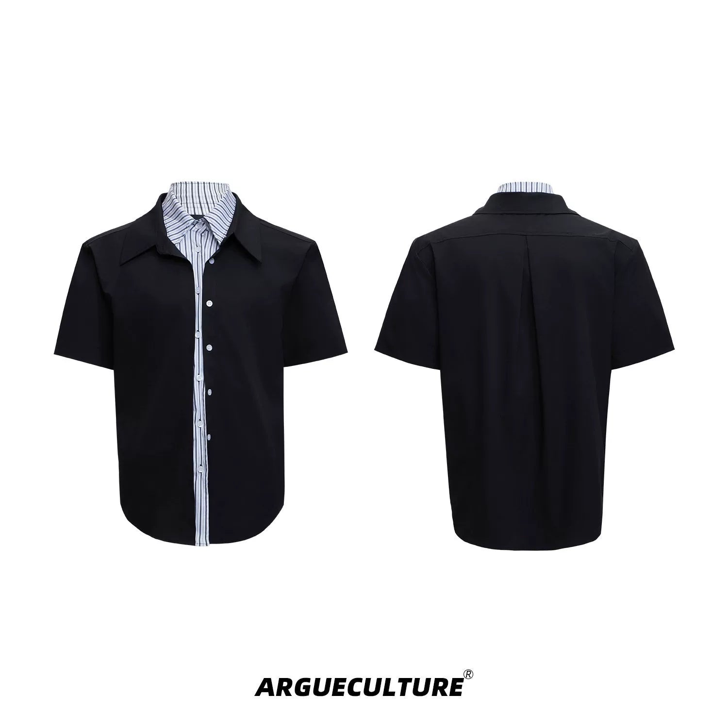 Striped Color-Block Shirt | Loose Unisex Button-Up - Black Short Sleeve