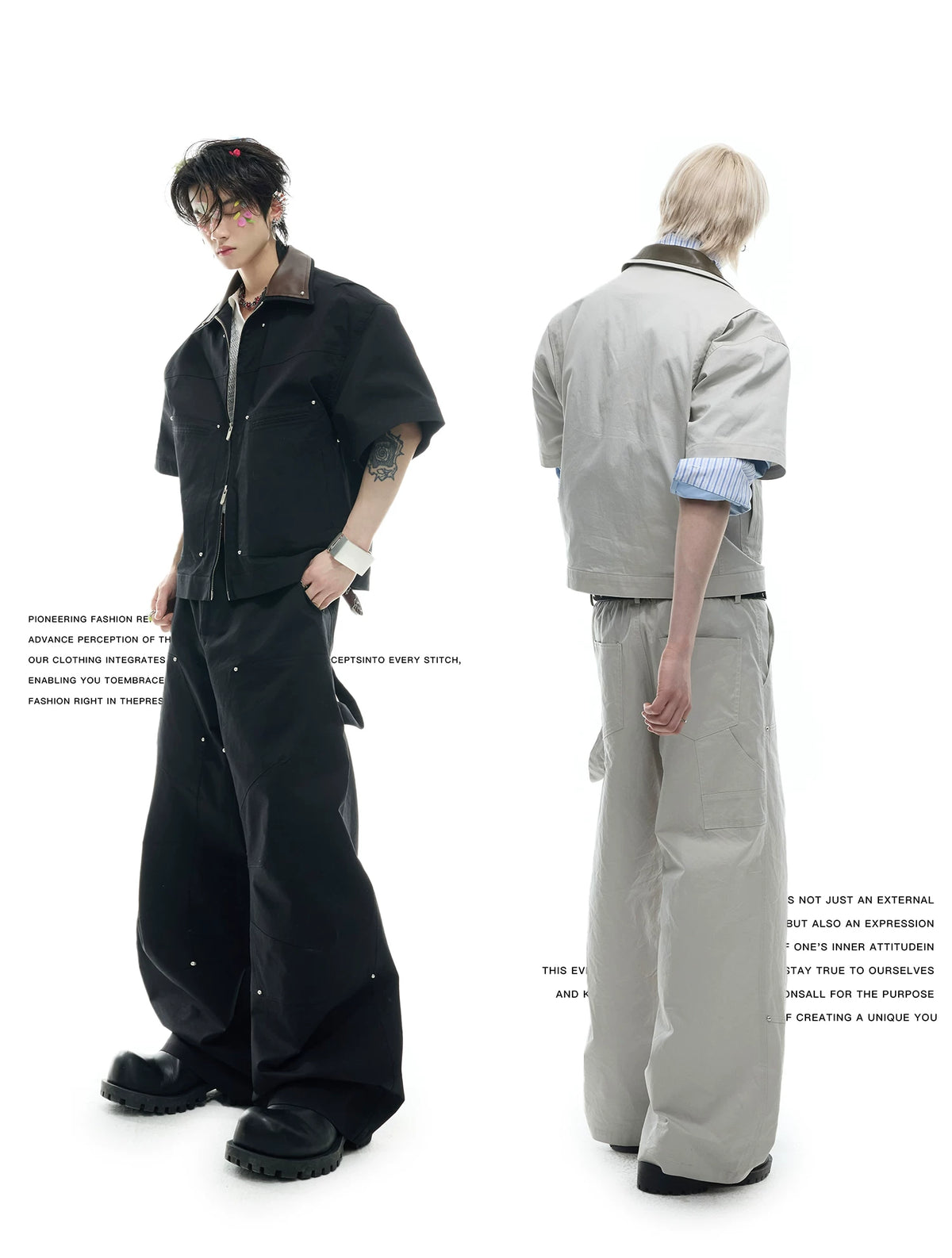 Deconstructed PU-Panel Short-Sleeve Jacket - description image 3