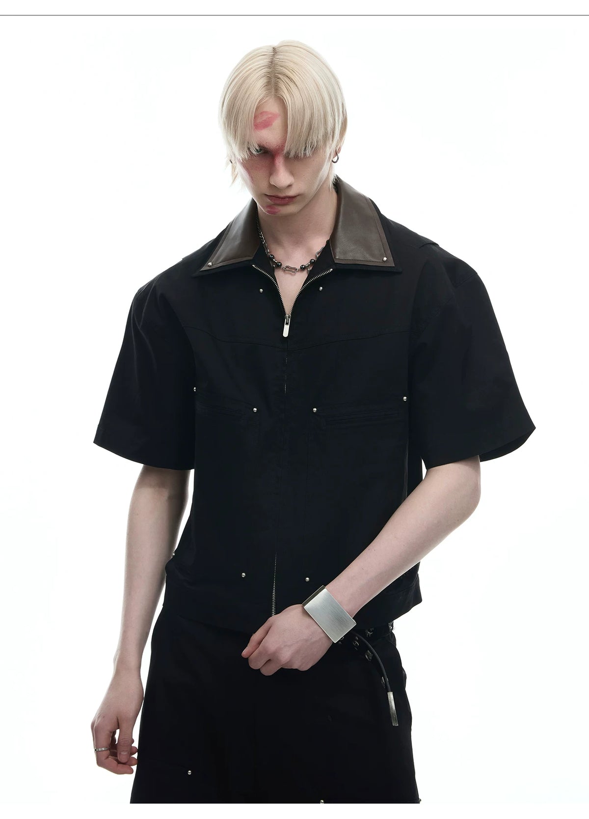 Deconstructed PU-Panel Short-Sleeve Jacket - description image 4