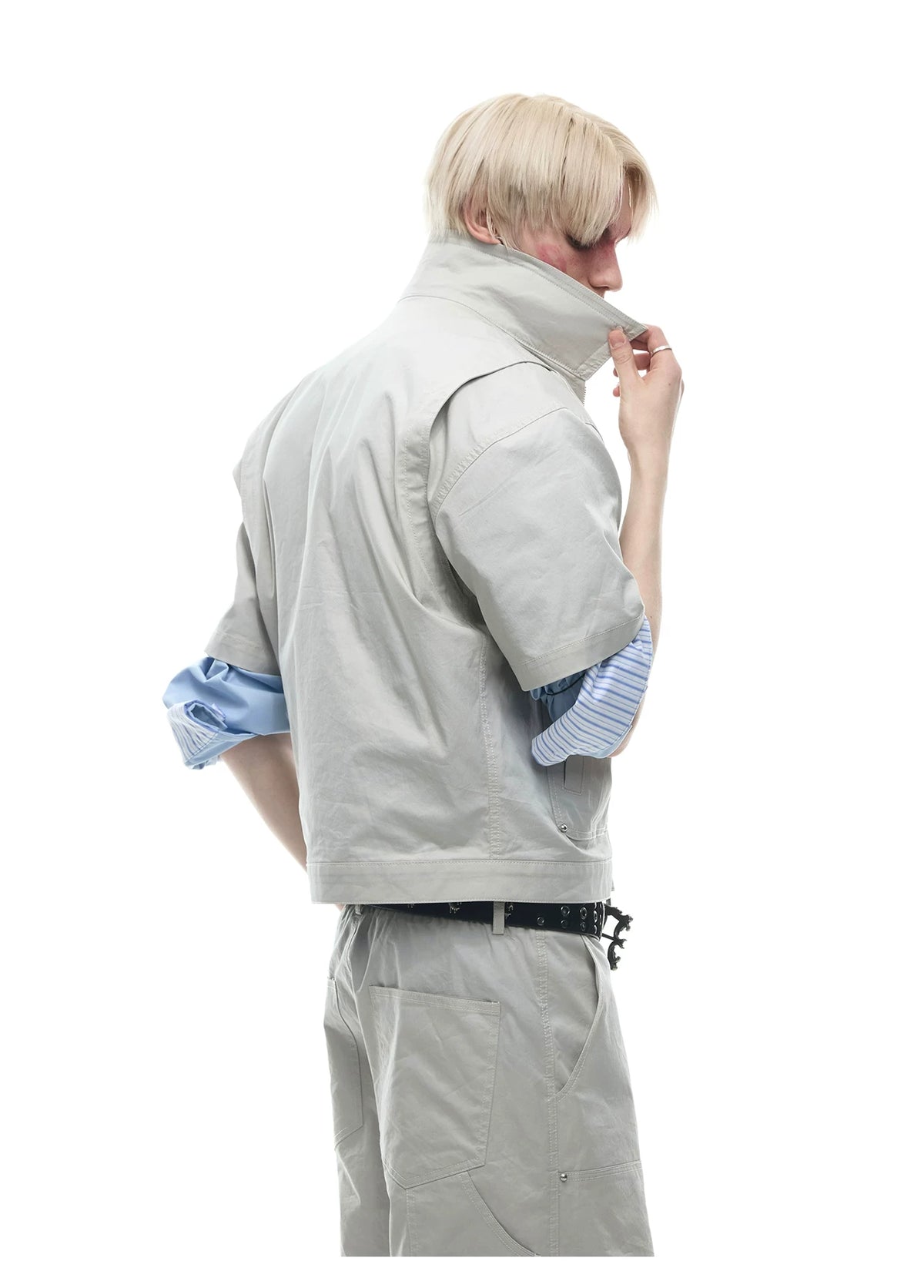 Deconstructed PU-Panel Short-Sleeve Jacket - description image 6