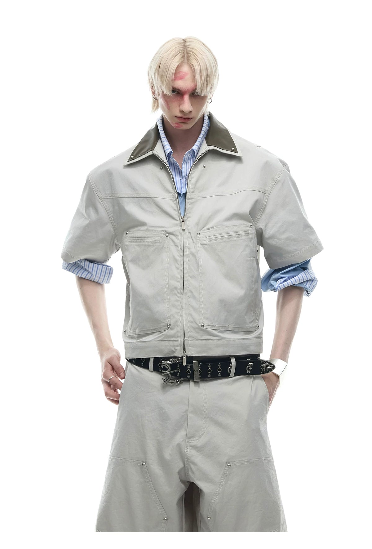 Deconstructed PU-Panel Short-Sleeve Jacket - description image 7