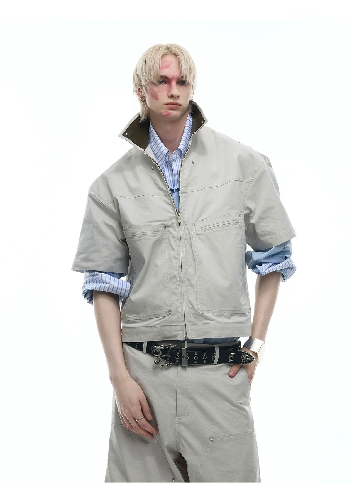 Deconstructed PU-Panel Short-Sleeve Jacket - description image 8