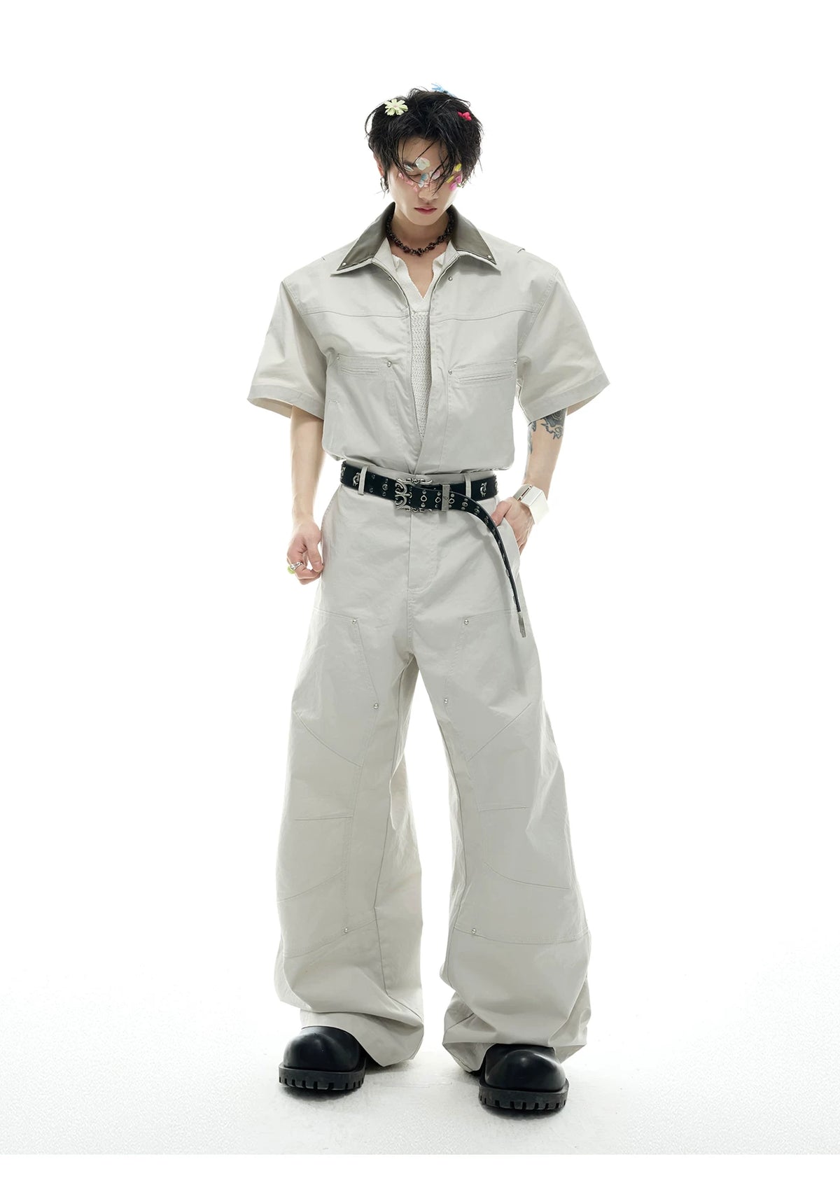 Deconstructed PU-Panel Short-Sleeve Jacket - description image 11